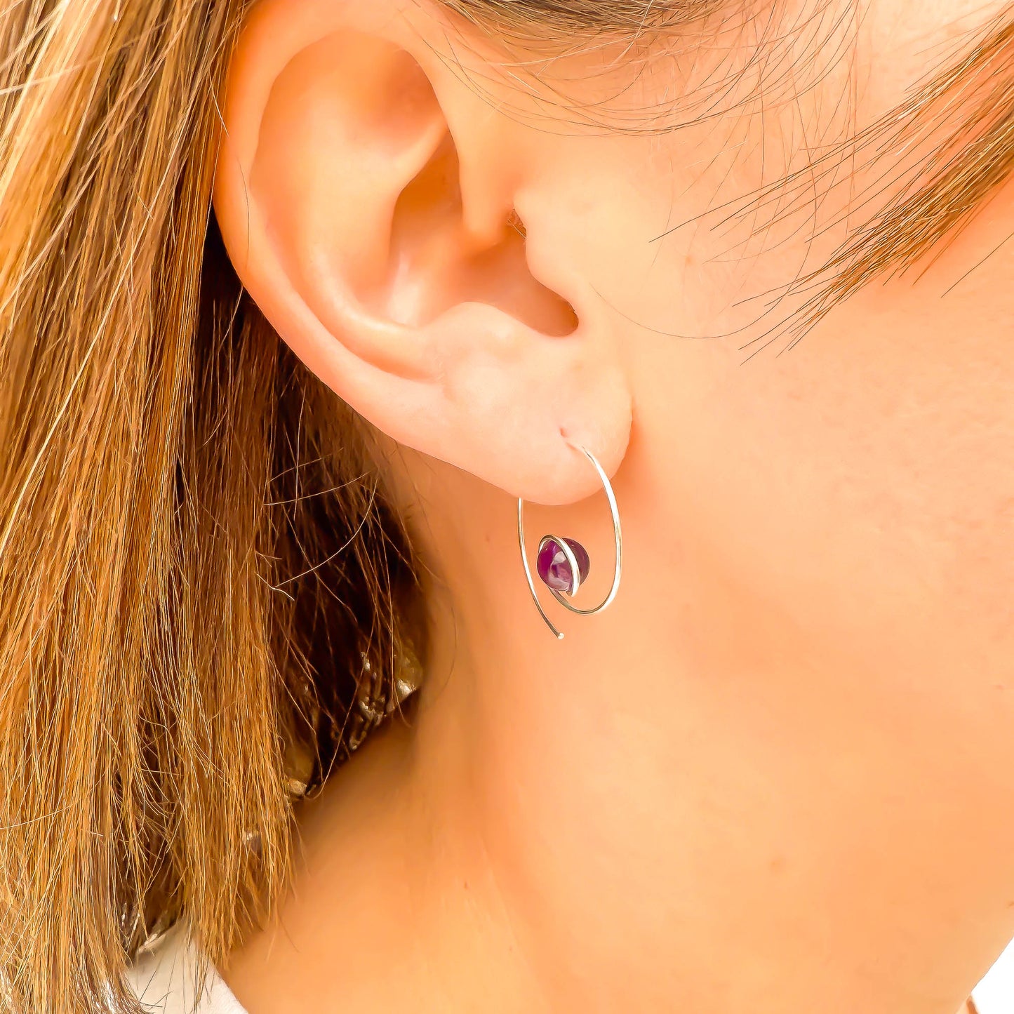 Purple Amethyst Spiral Hoop Earrings, Sterling Silver