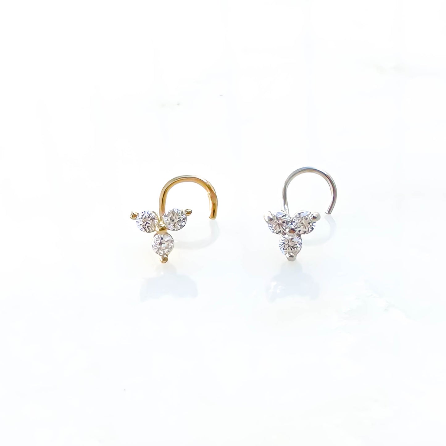 14K 3 CZ Nose Screw Stud, White and Yellow Gold