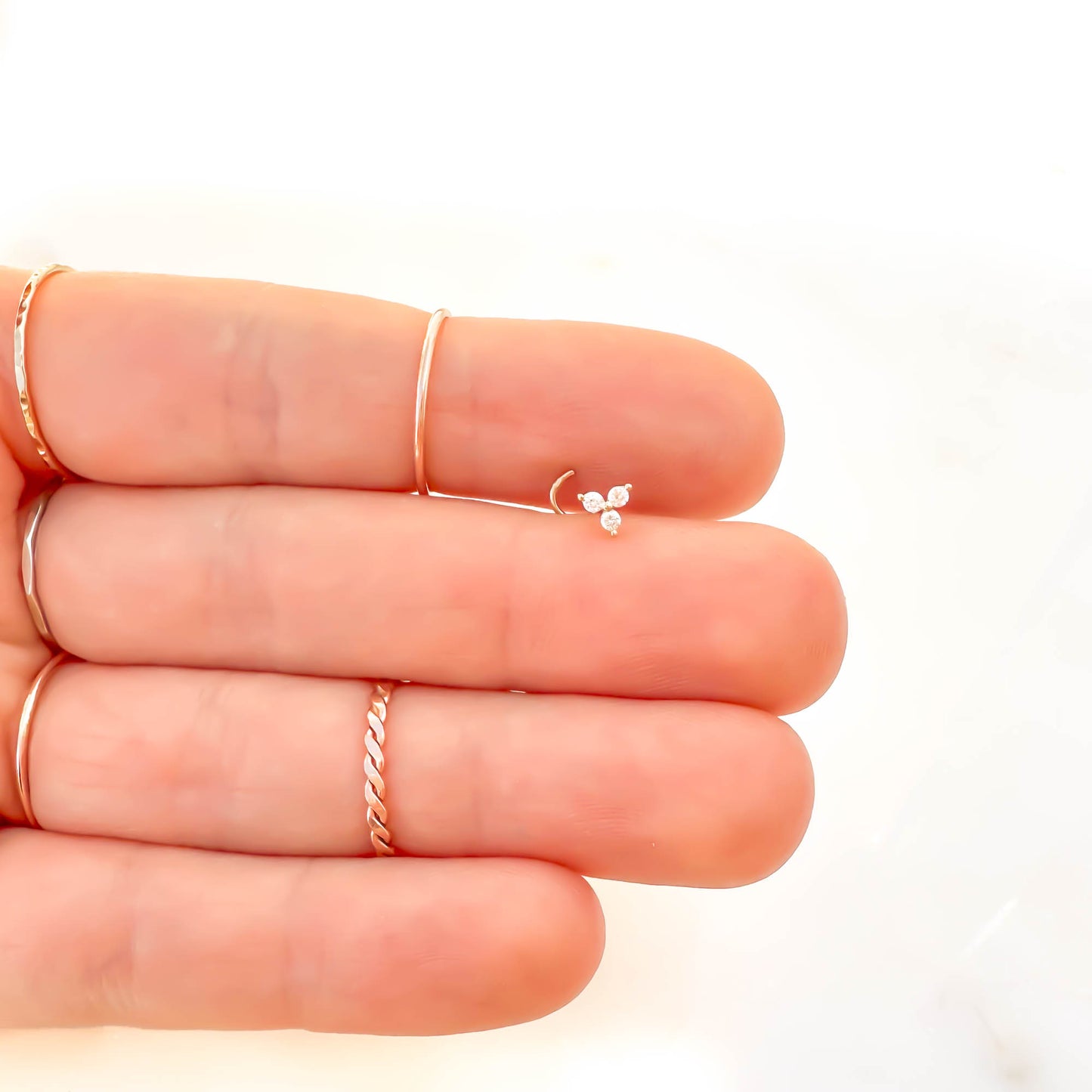 14K 3 CZ Nose Screw Stud, White and Yellow Gold