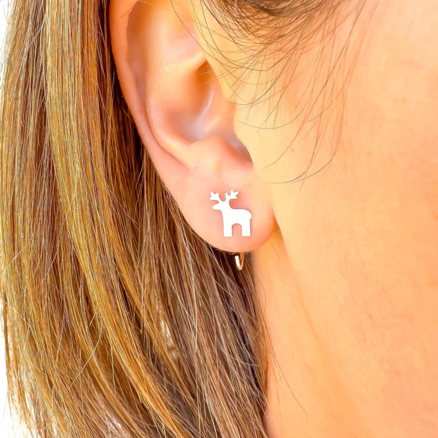 Christmas Reindeer Half Hoop Earrings, Sterling Silver