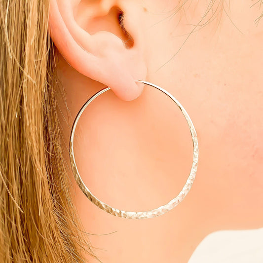 45mm Hammered Hoop Earrings, Sterling Silver