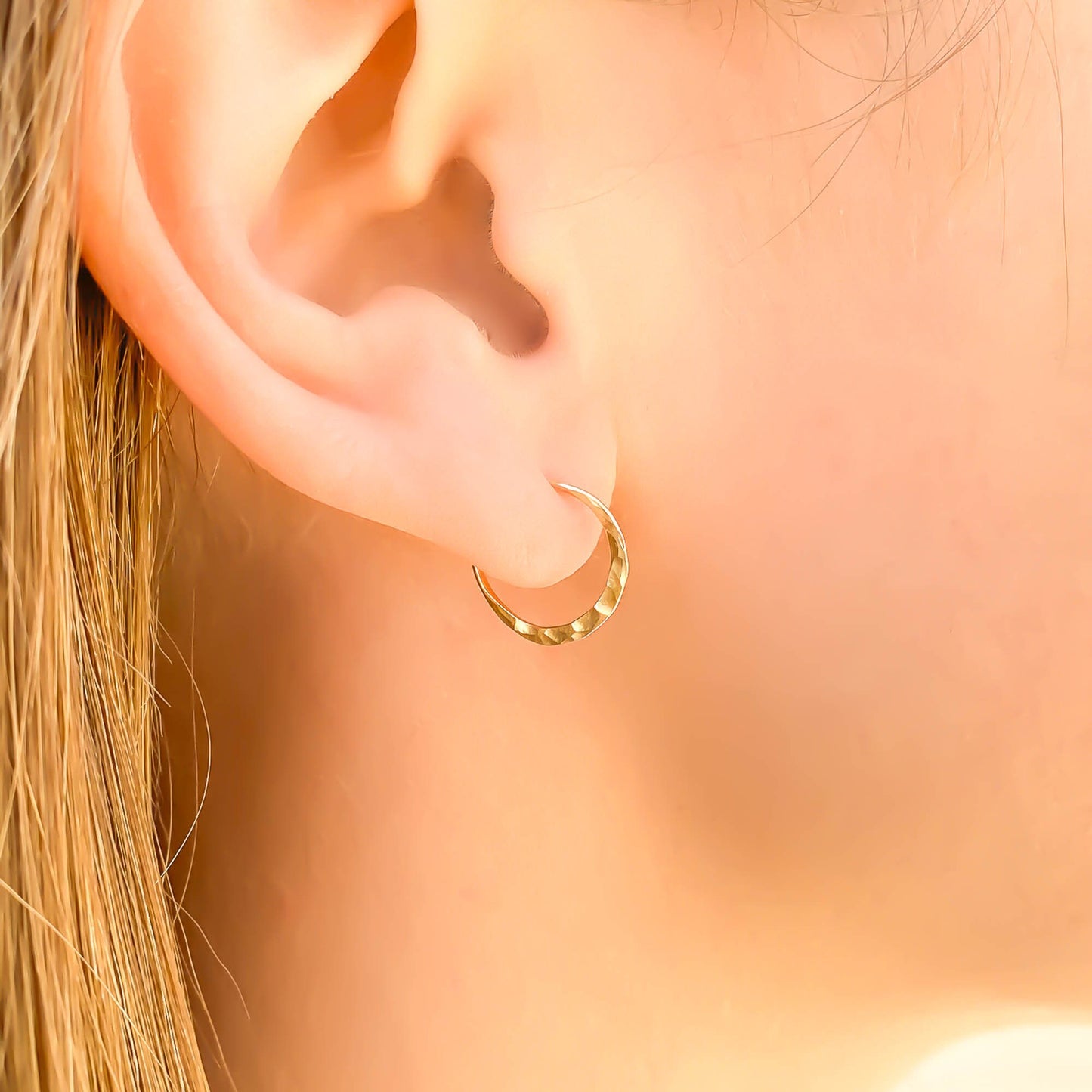 14K Gold Hammered Hoops, 12mm