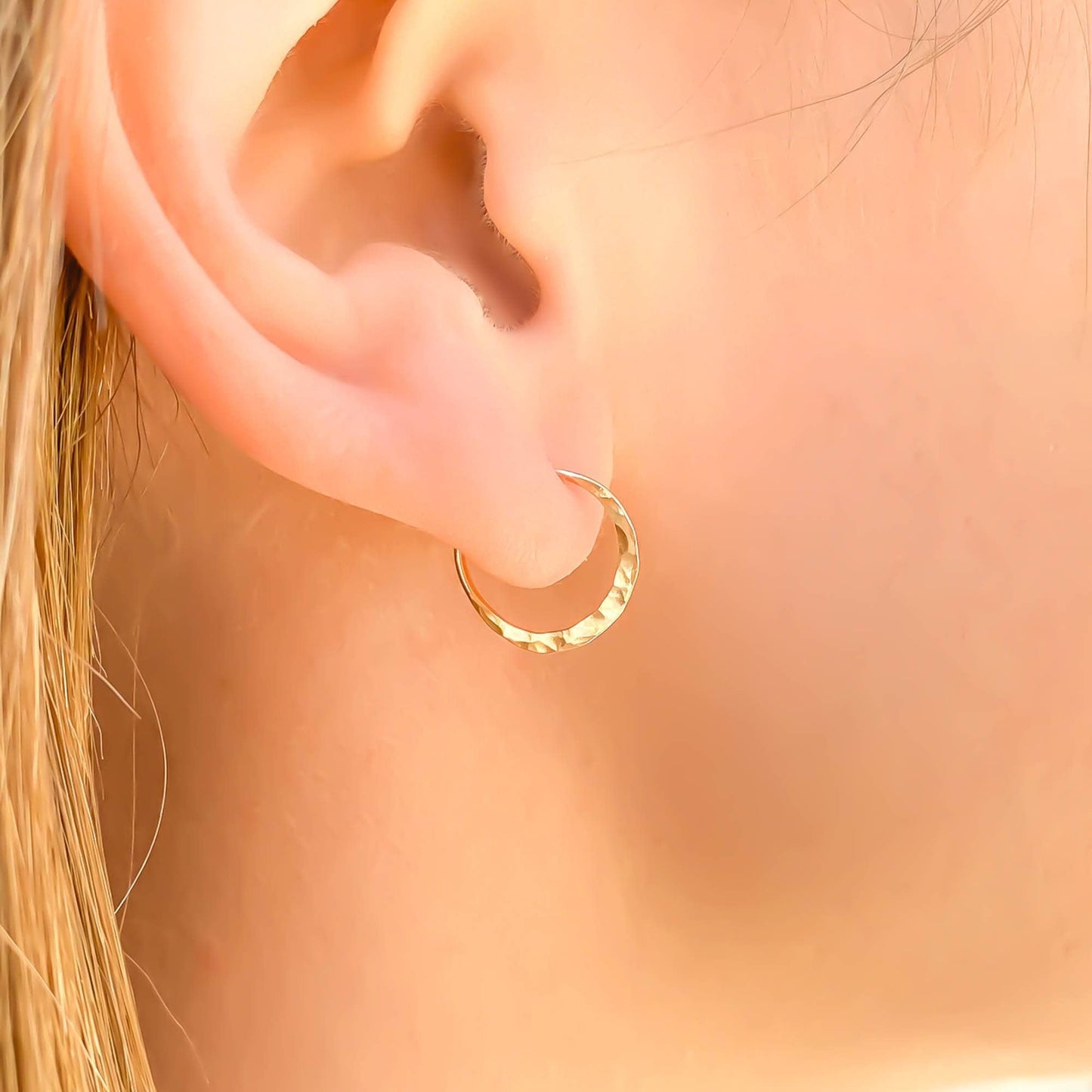 14K Gold Hammered Hoops, 12mm