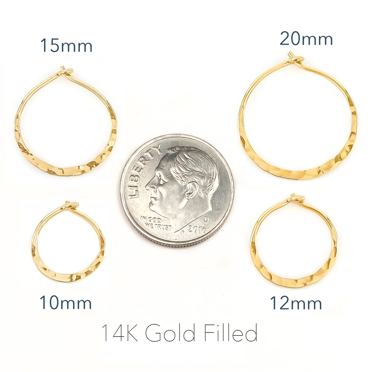 15mm Hammered Hoop Earrings, 14K Gold Filled