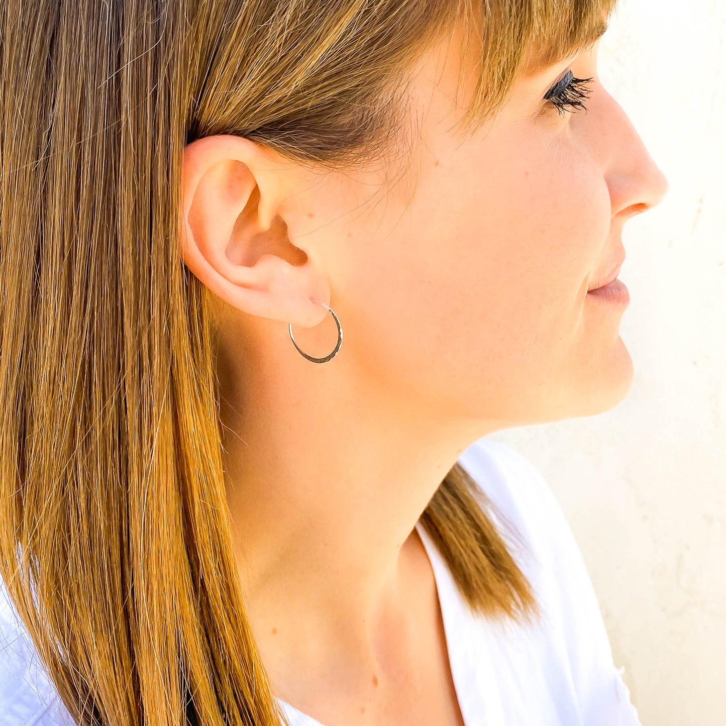 14K White Gold Hammered Mini Hoops, 20mm