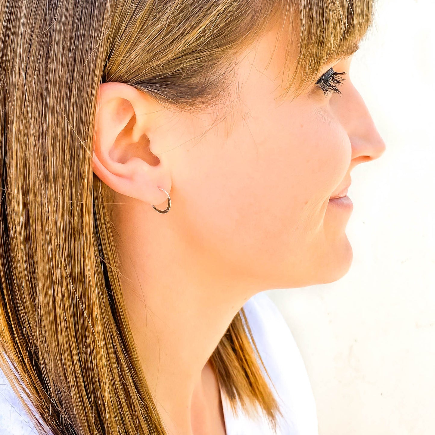 14K White Gold Hammered Mini Hoops, 12mm