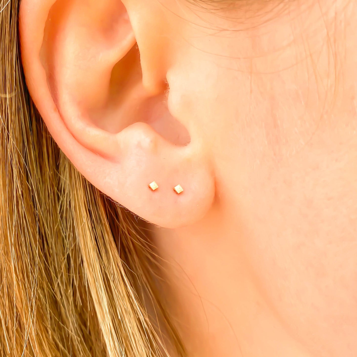 14K Tiny Square Stud Earring, 2mm