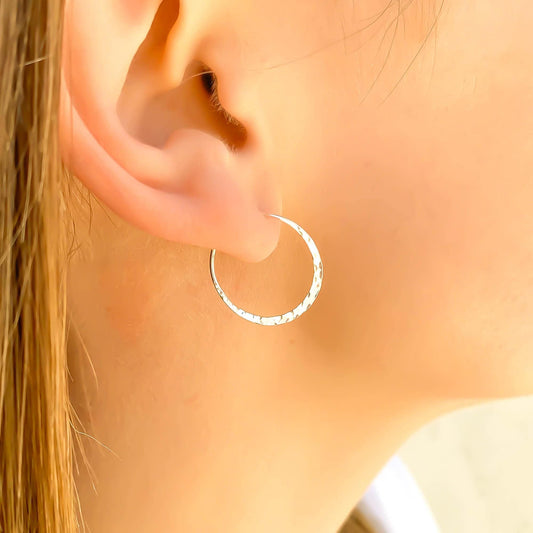 14K White Gold Hammered Mini Hoops, 20mm