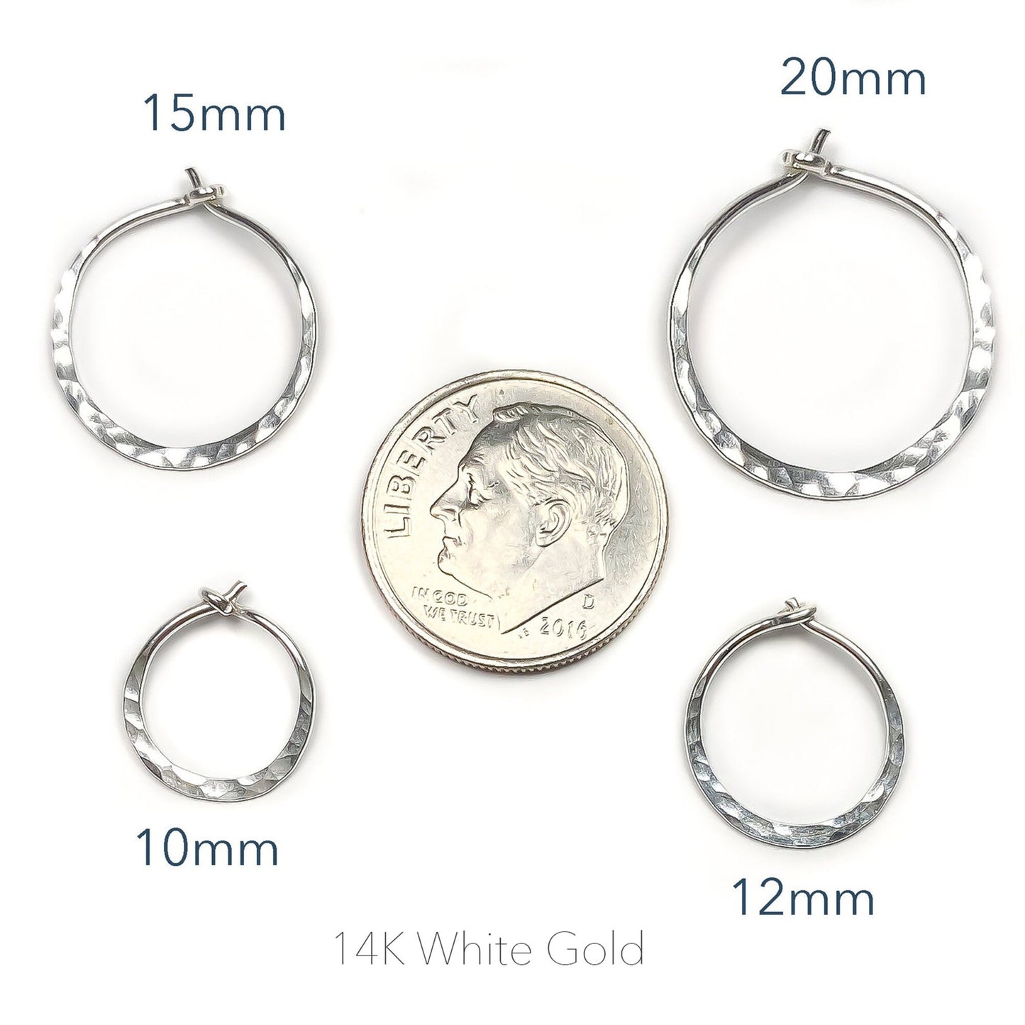 14K White Gold Hammered Mini Hoops, 20mm