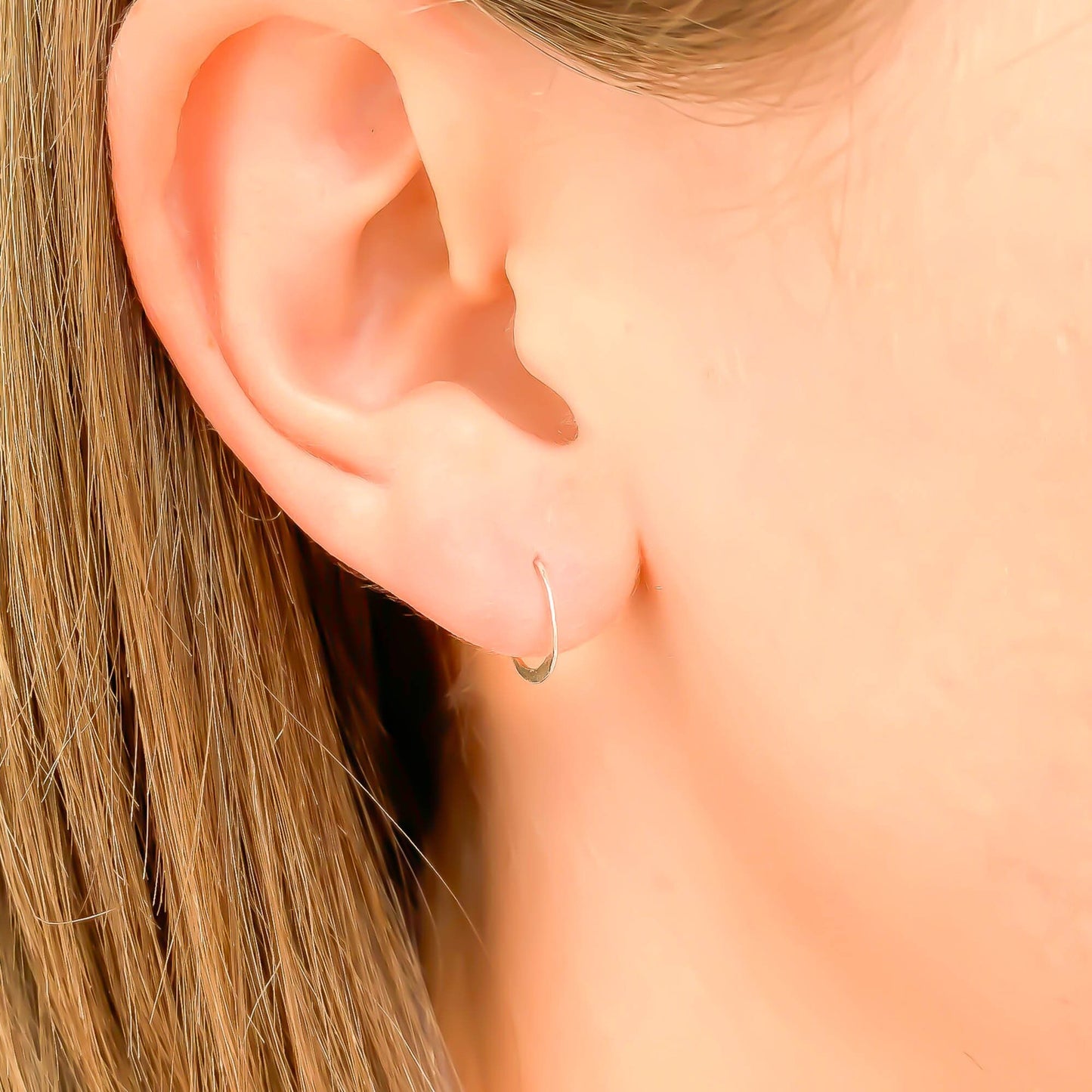 14K White Gold Hammered Mini Hoops, 10mm