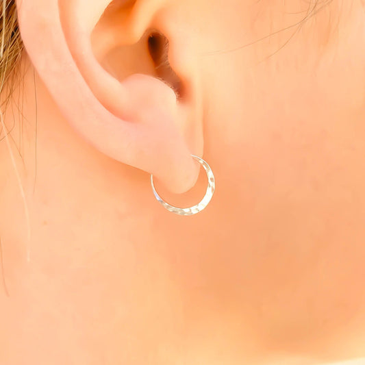 14K White Gold Hammered Mini Hoops, 12mm