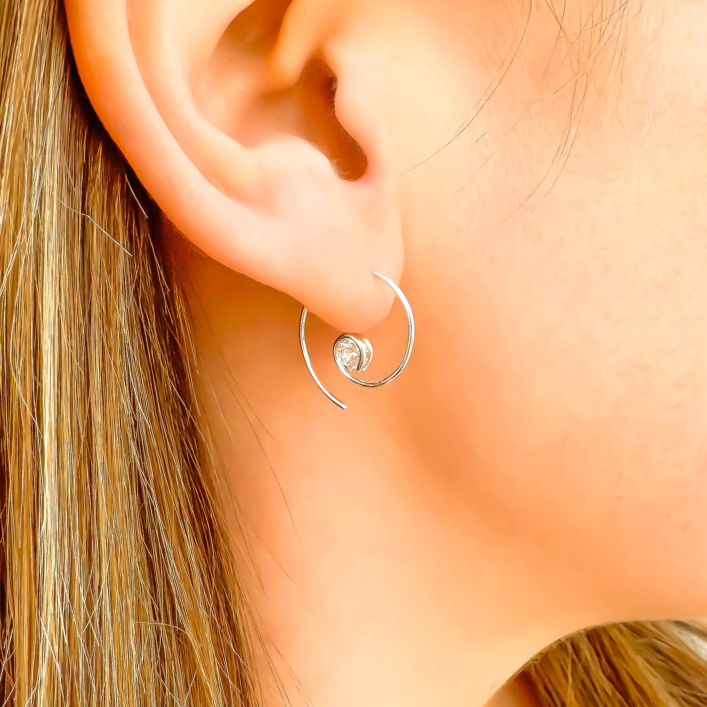 Mini CZ Spiral Hoop Earrings, Sterling Silver