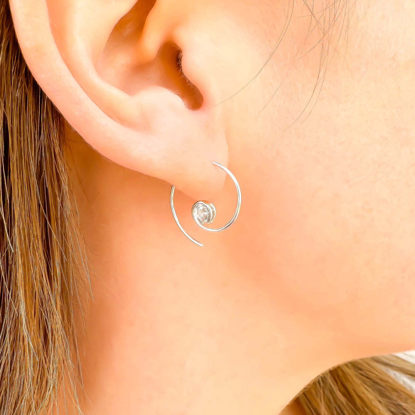 Mini CZ Spiral Hoop Earrings, Sterling Silver