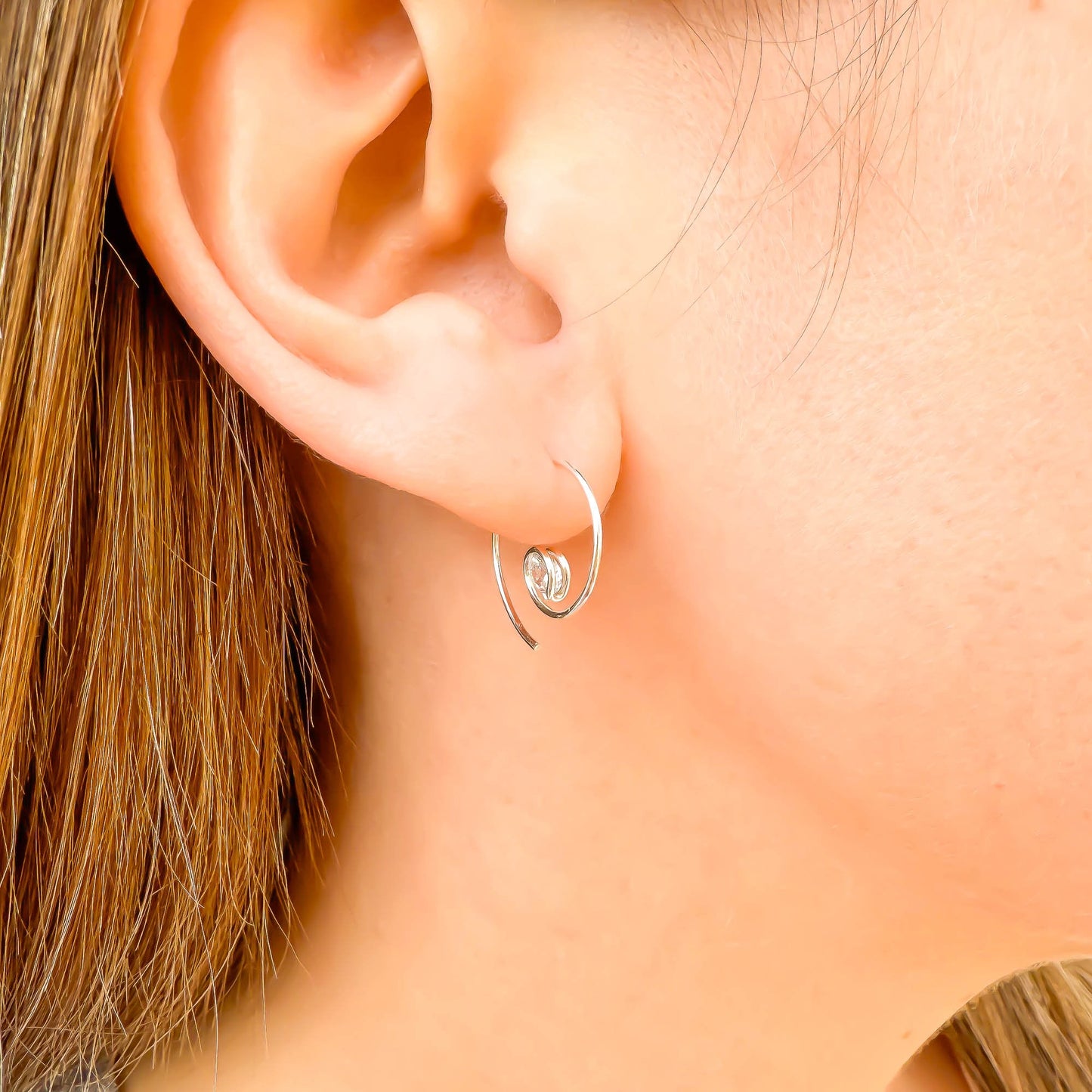 Mini CZ Spiral Hoop Earrings, Sterling Silver