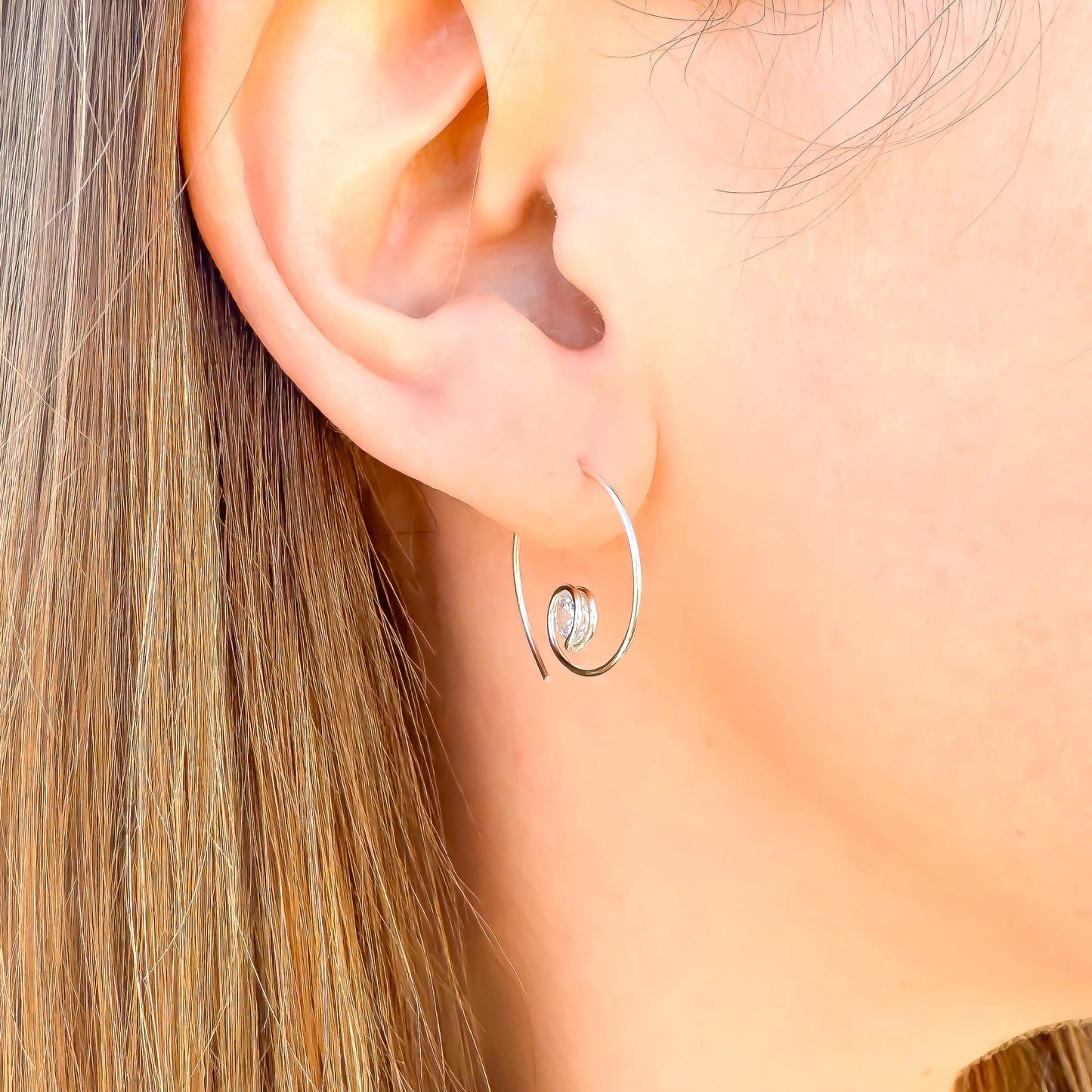 Threader CZ Spiral Hoop Earrings, Sterling Silver