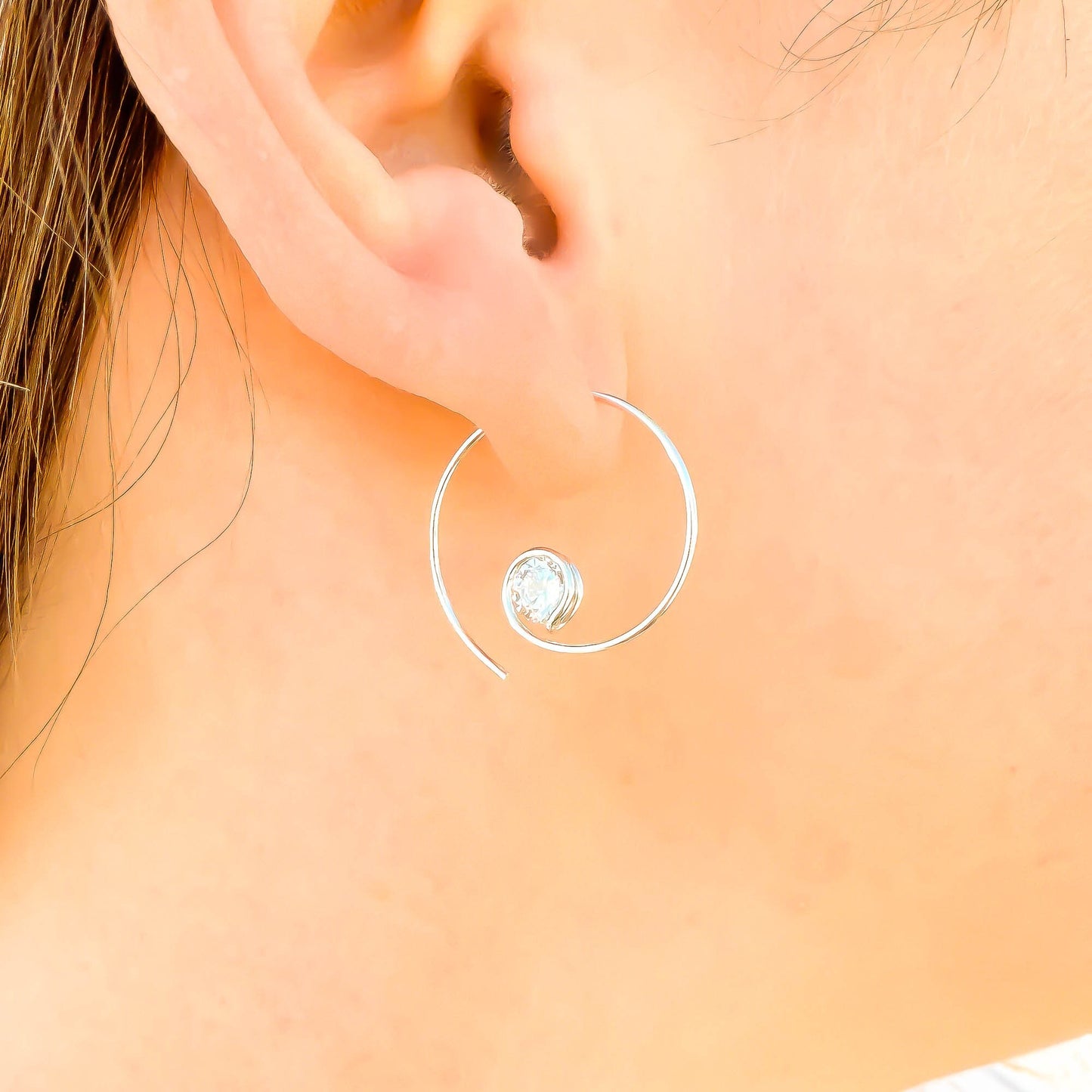 Threader CZ Spiral Hoop Earrings, Sterling Silver
