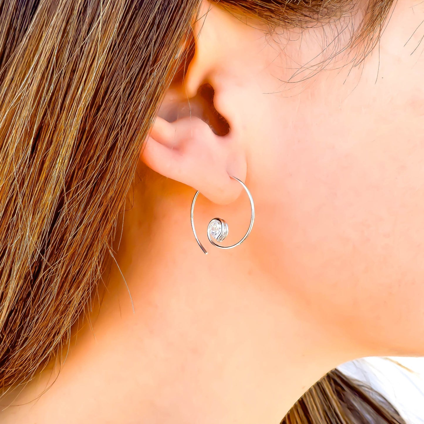 Threader CZ Spiral Hoop Earrings, Sterling Silver