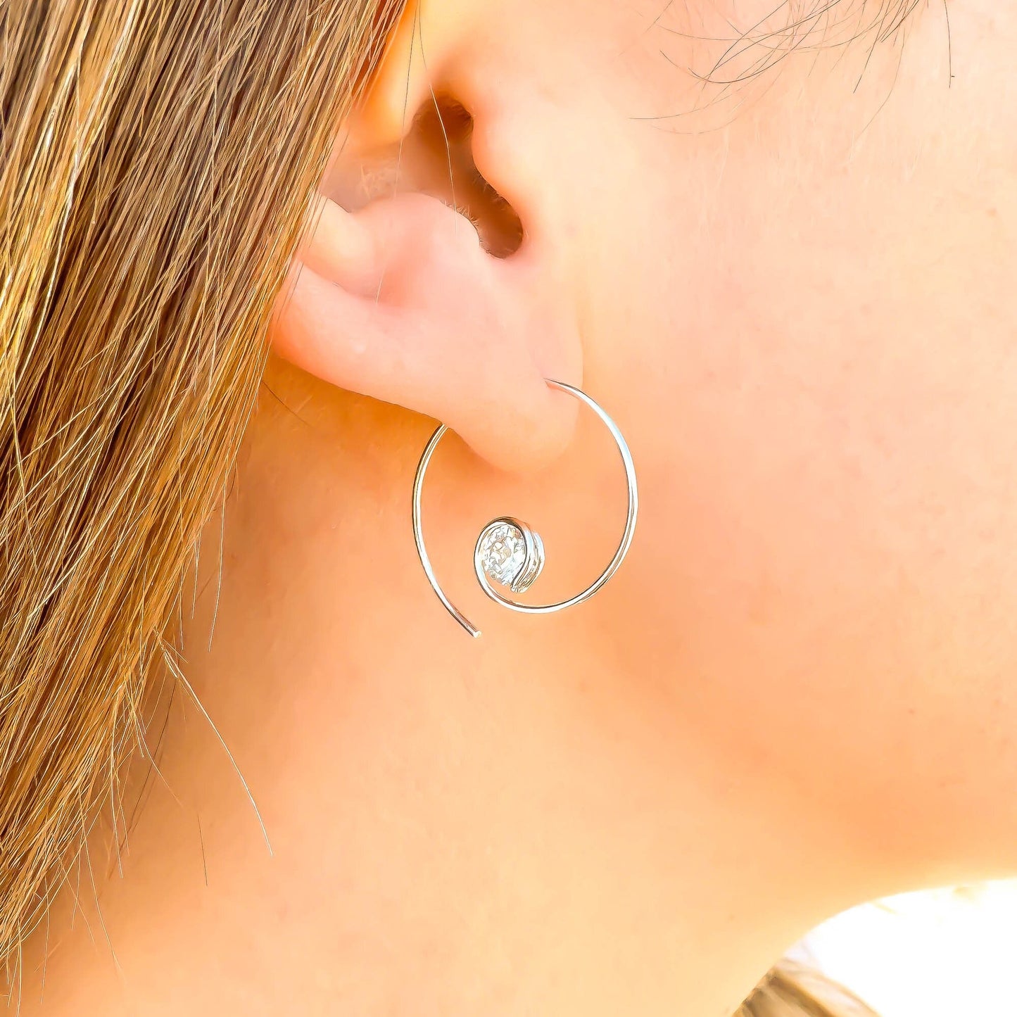 Threader CZ Spiral Hoop Earrings, Sterling Silver