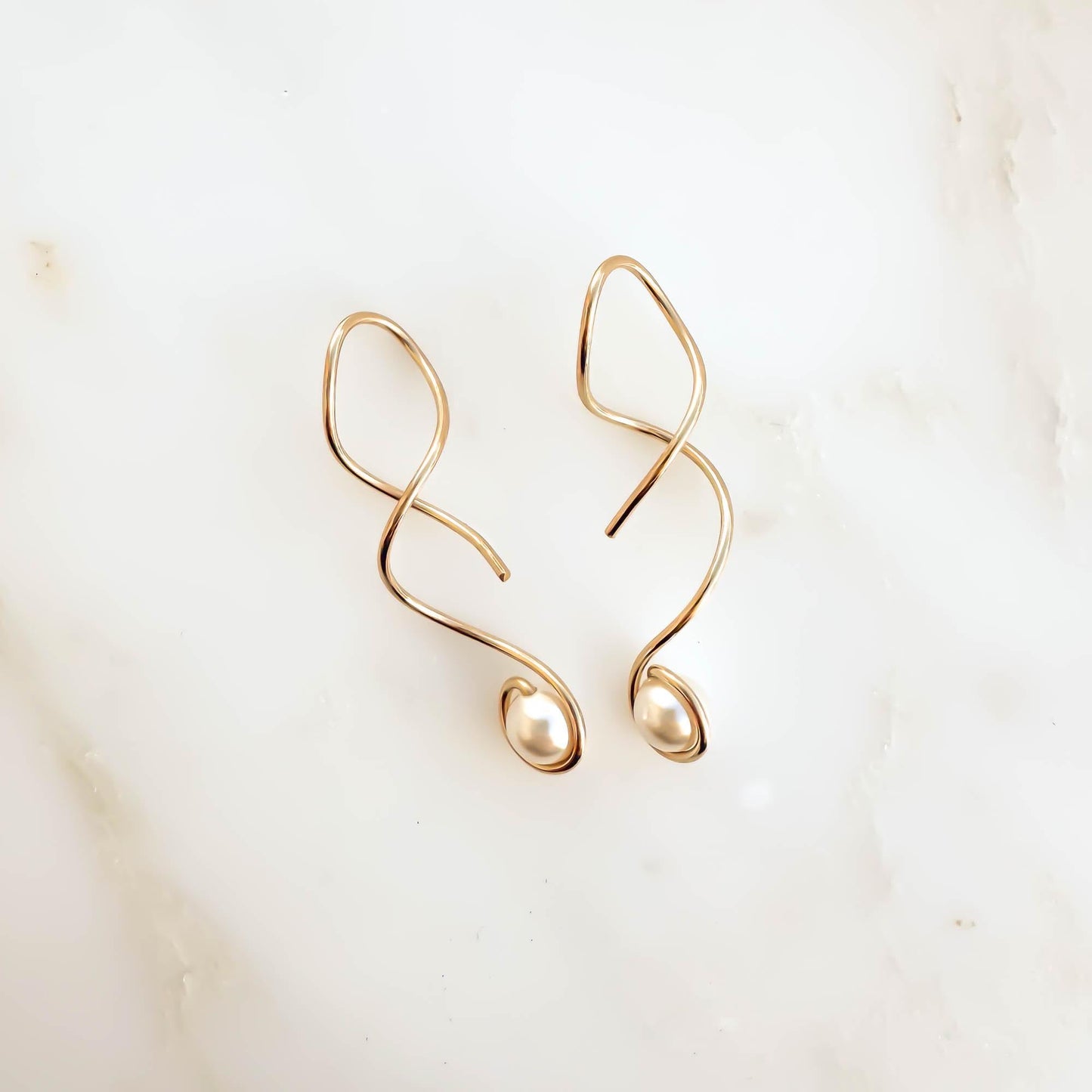 Pearl Threader Spiral Earrings, 14K Gold Filled