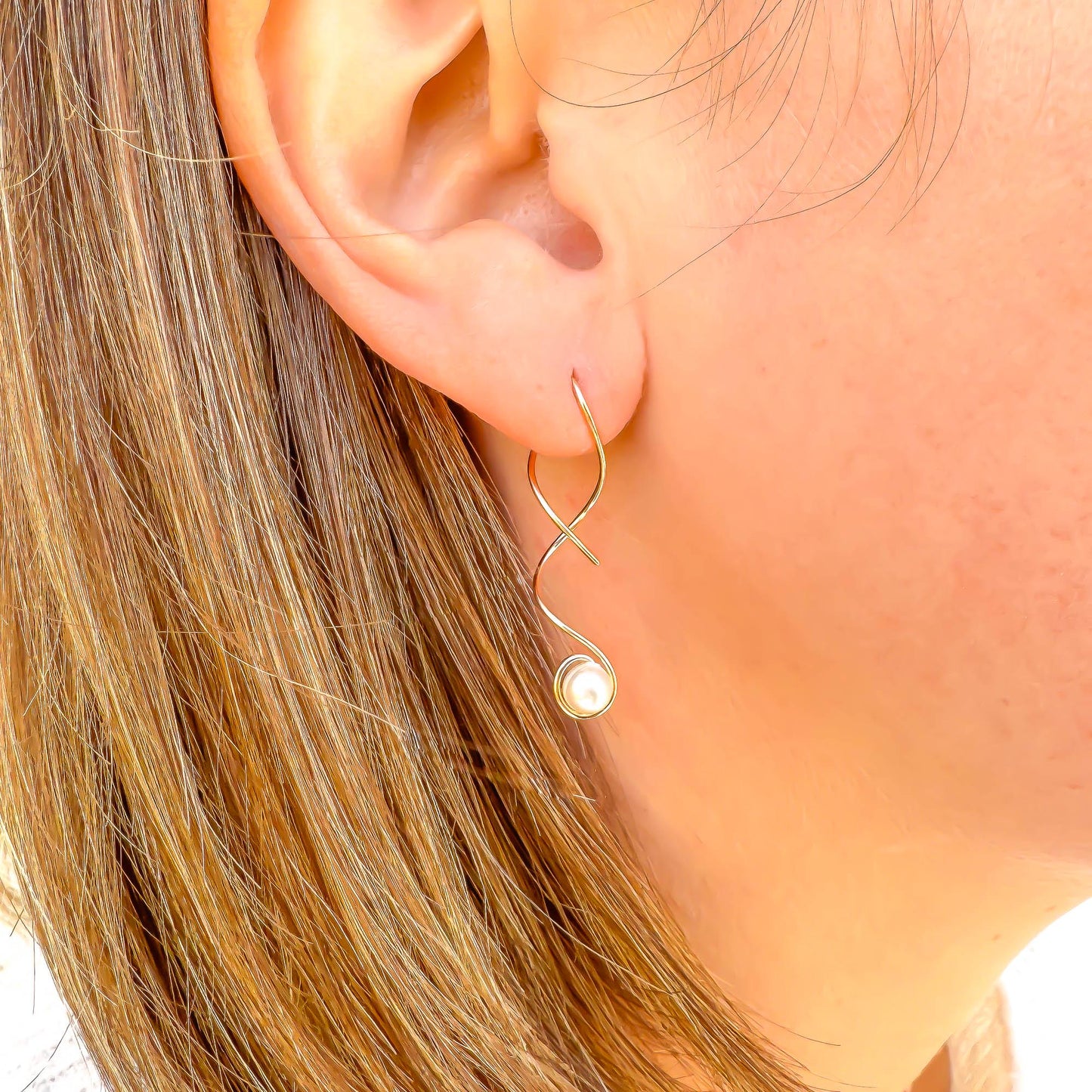 Pearl Threader Spiral Earrings, 14K Gold Filled