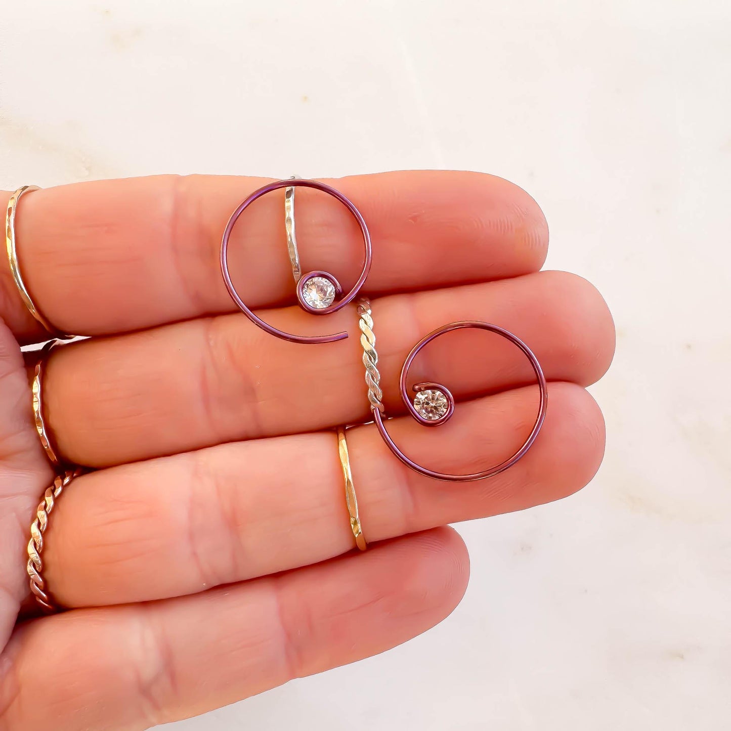 Pink Mini CZ Spiral Hoop Earrings, Niobium