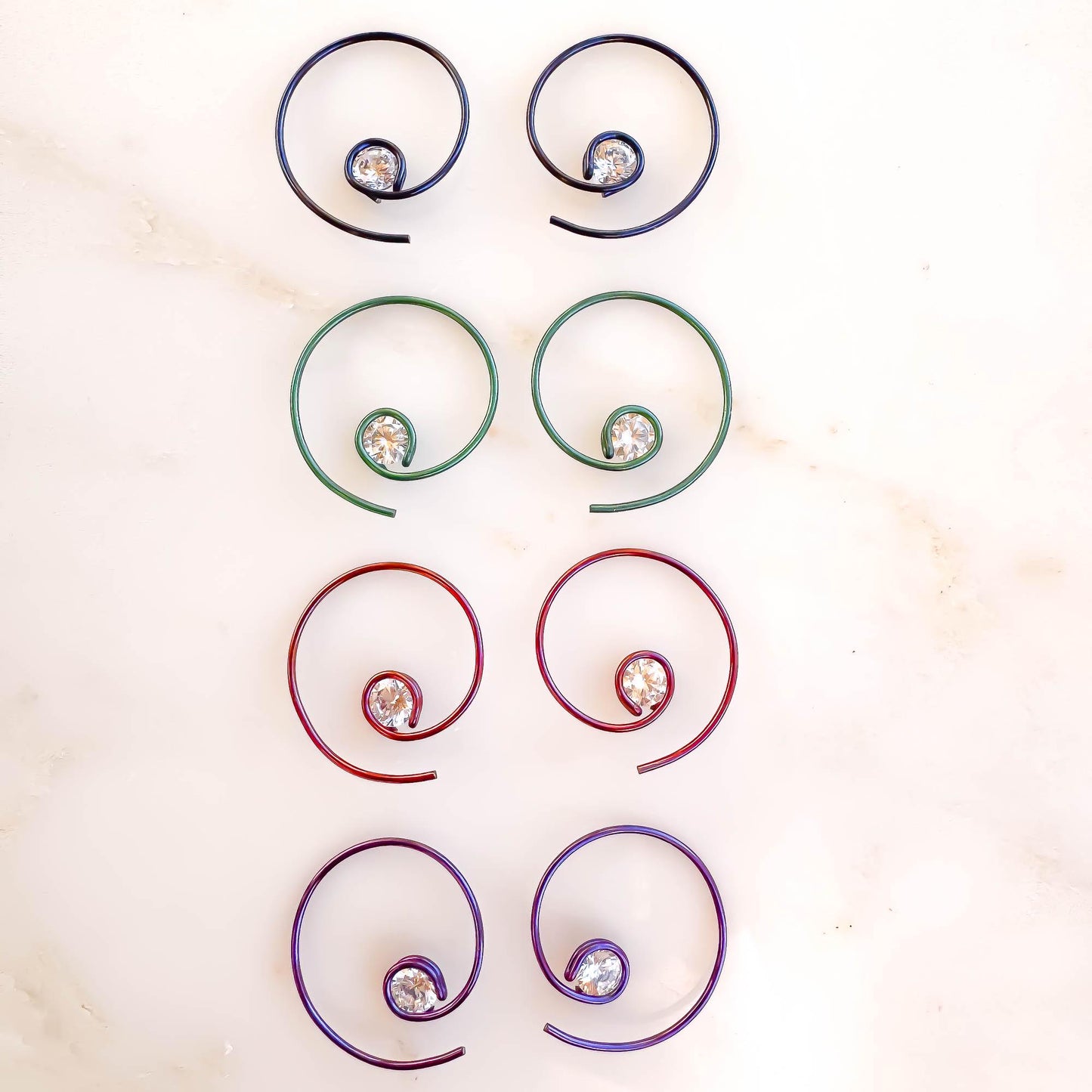 Green Threader CZ Spiral Hoop Earrings, Niobium