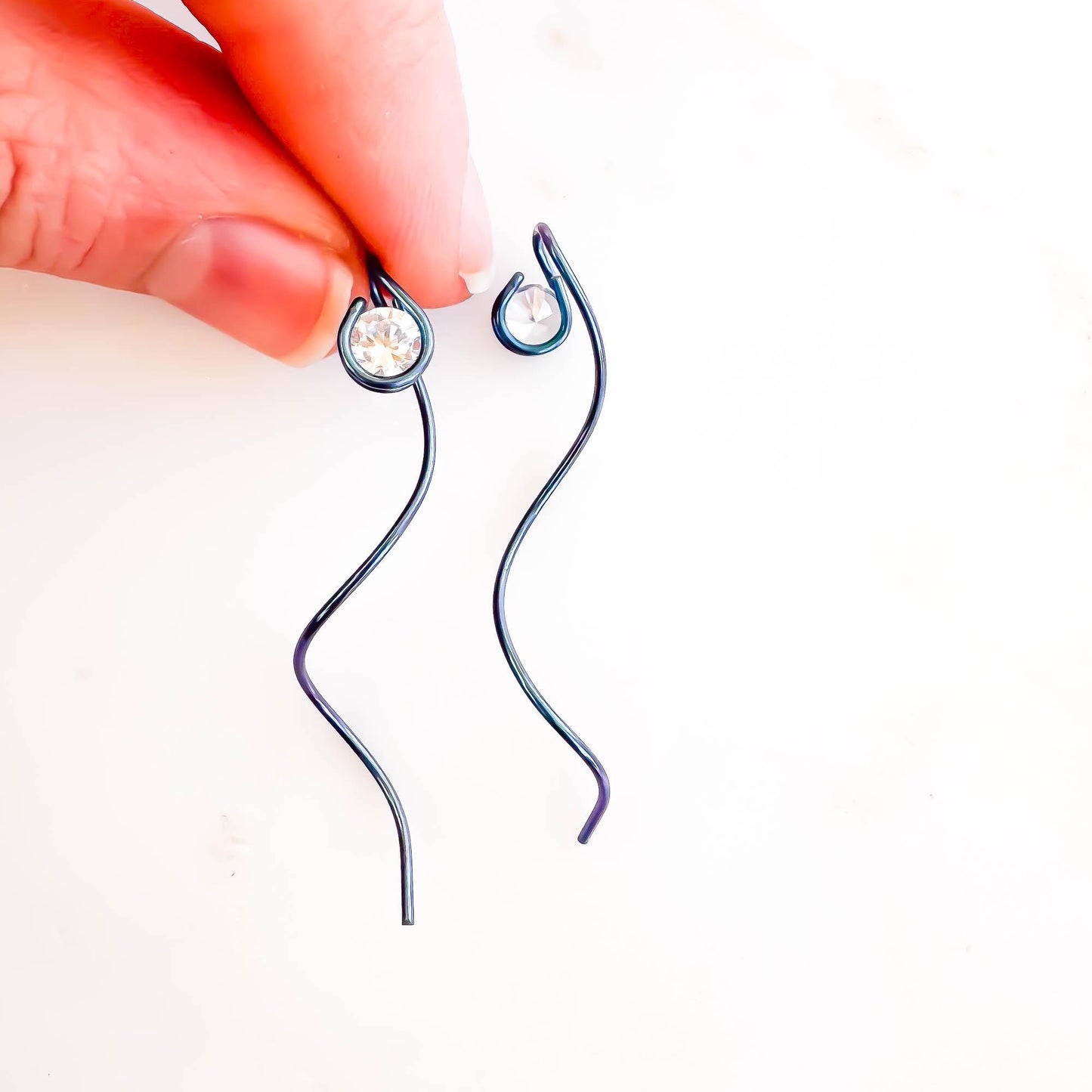 Teal Spiral CZ Threader Earrings, Niobium