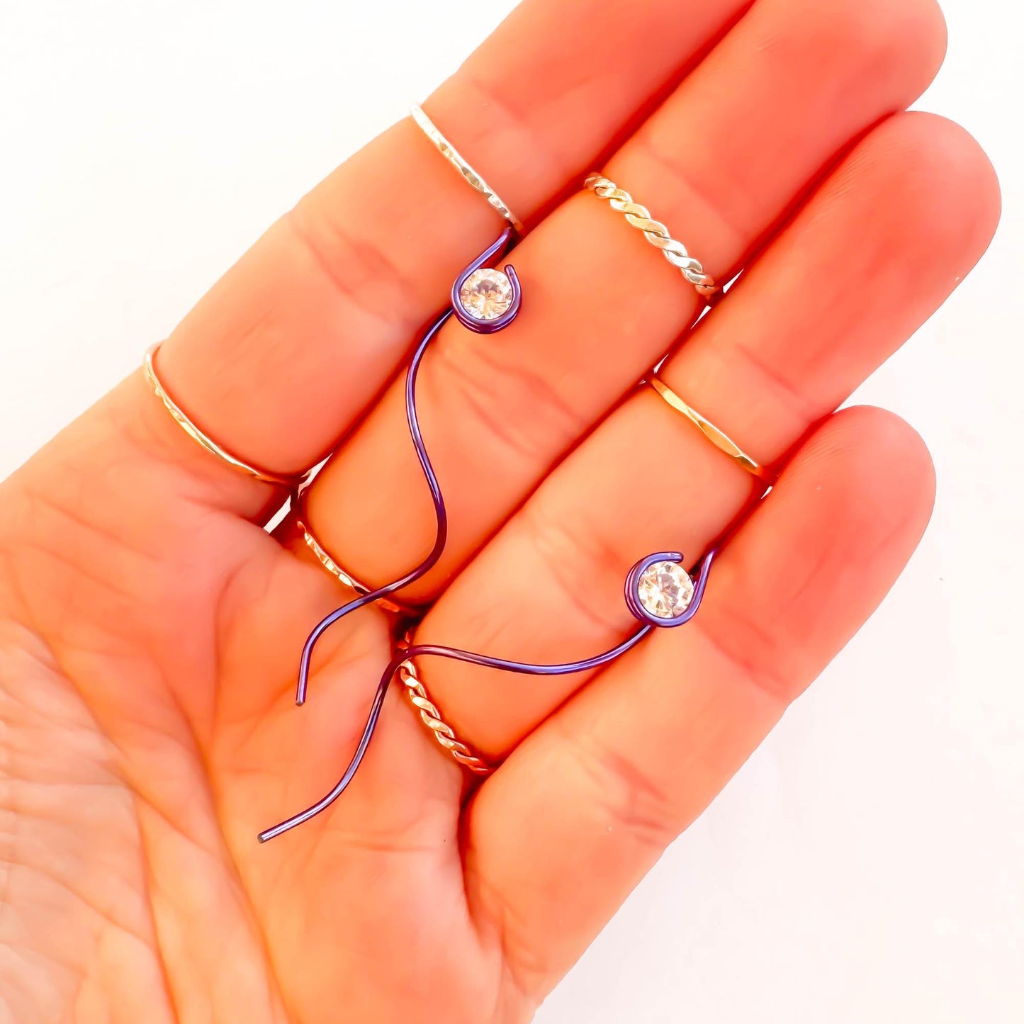Purple Spiral CZ Threader Earrings, Niobium