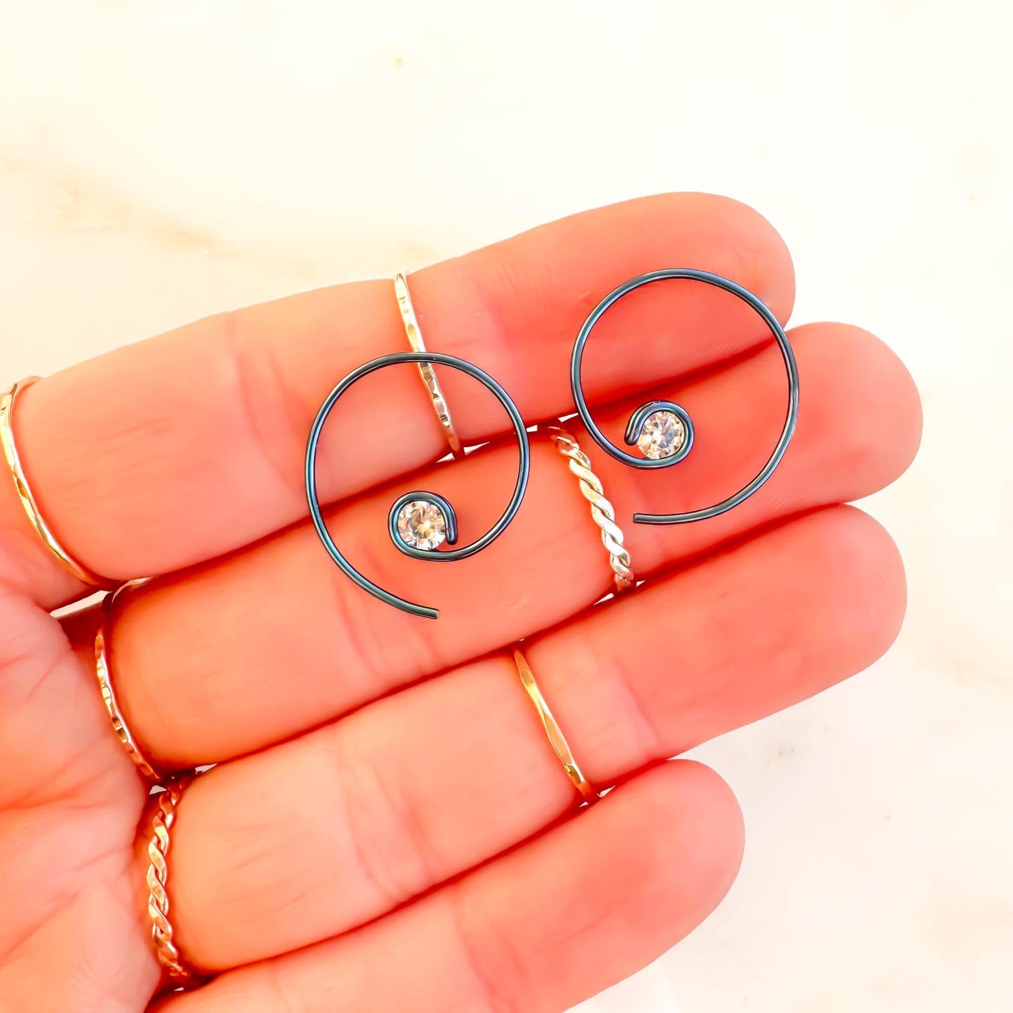 Teal Mini CZ Spiral Hoop Earrings, Niobium