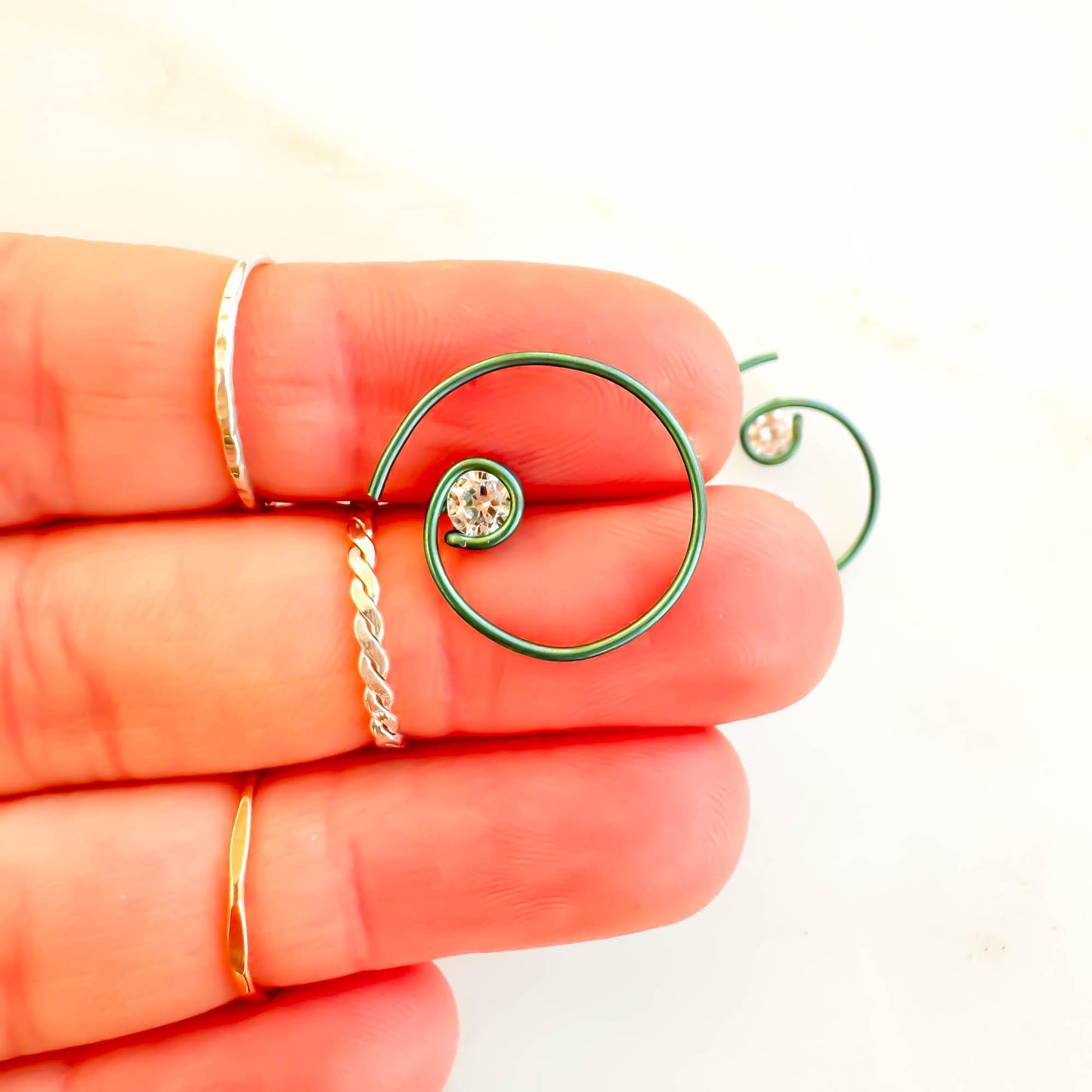 Green Mini CZ Spiral Hoop Earrings, Niobium