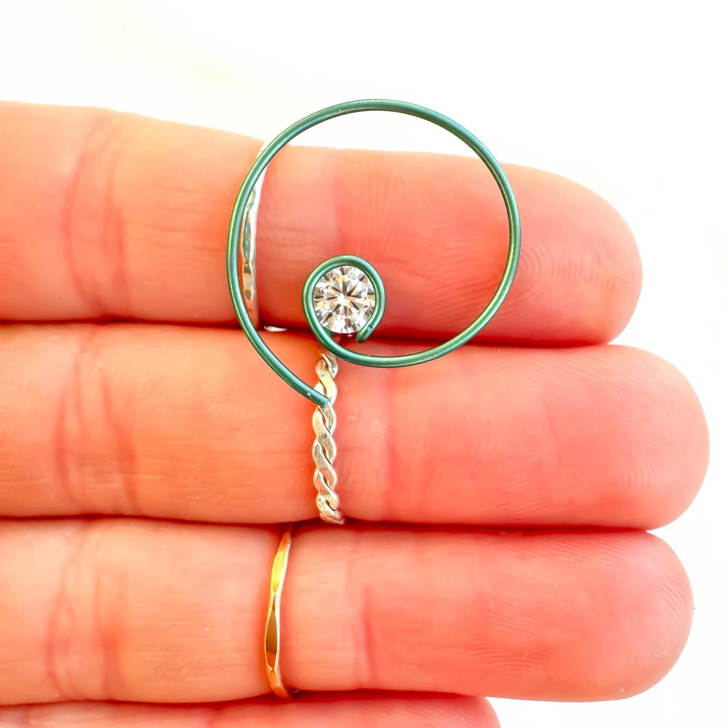 Green Threader CZ Spiral Hoop Earrings, Niobium