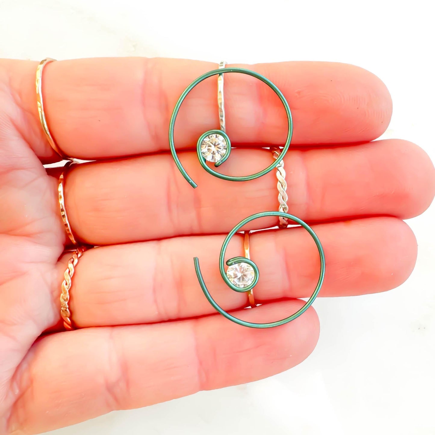 Green Threader CZ Spiral Hoop Earrings, Niobium