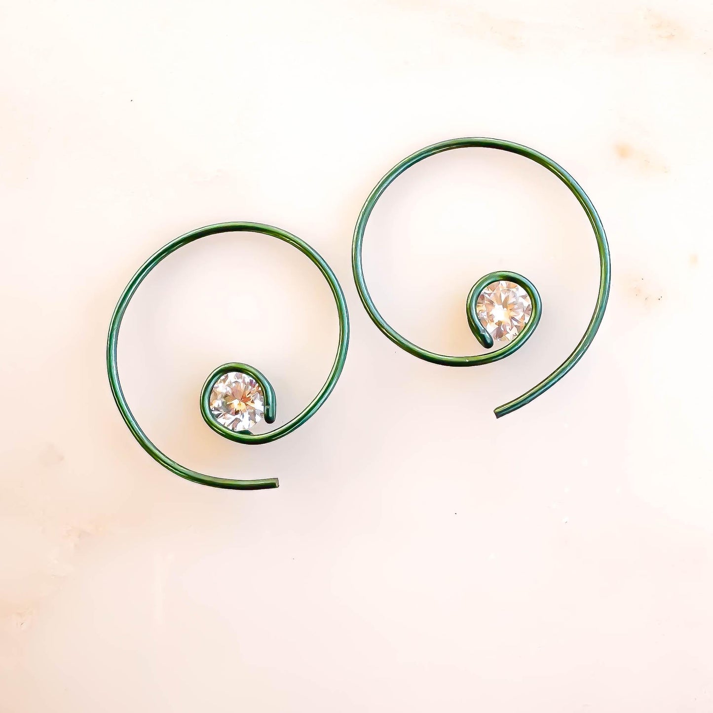 Green Threader CZ Spiral Hoop Earrings, Niobium