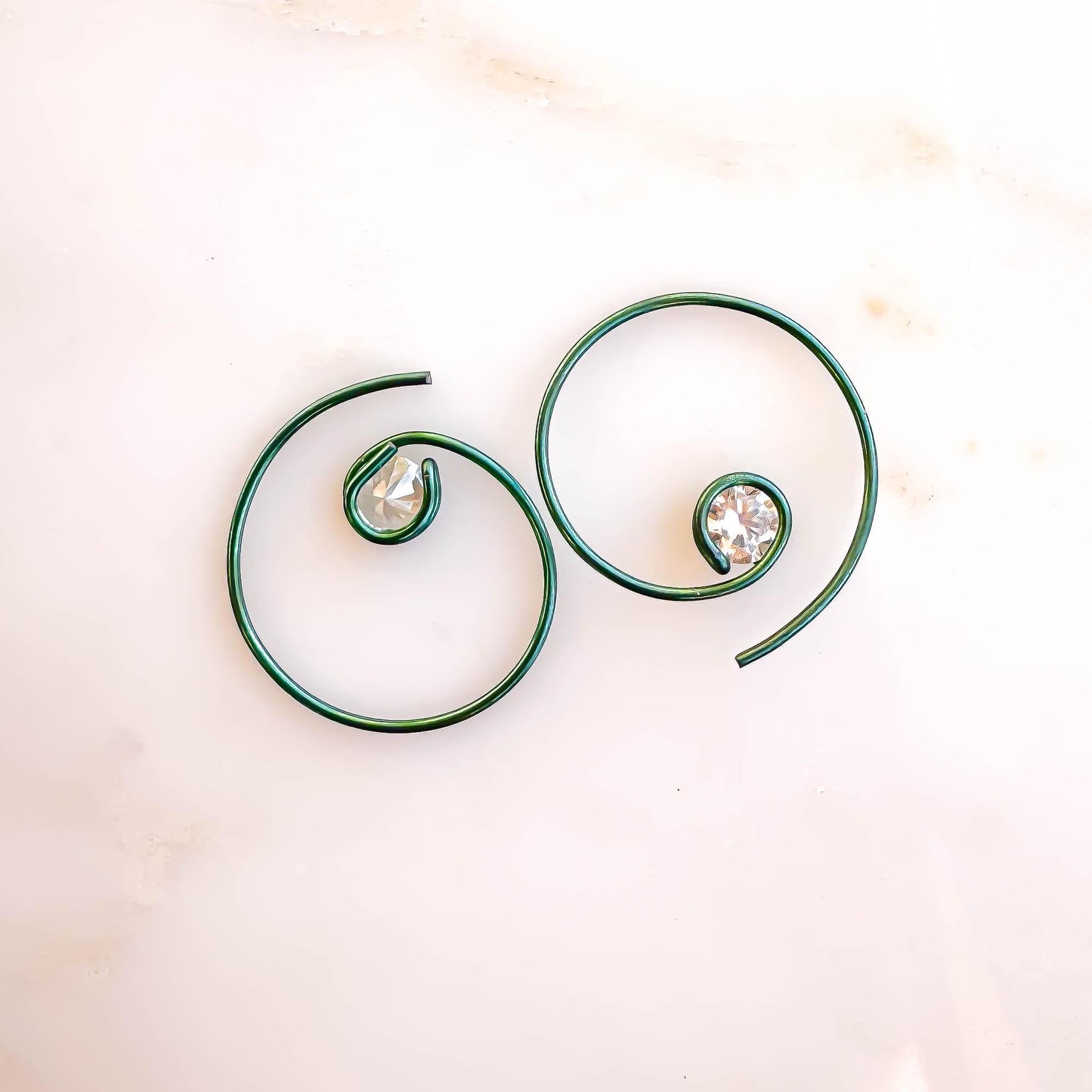 Green Threader CZ Spiral Hoop Earrings, Niobium