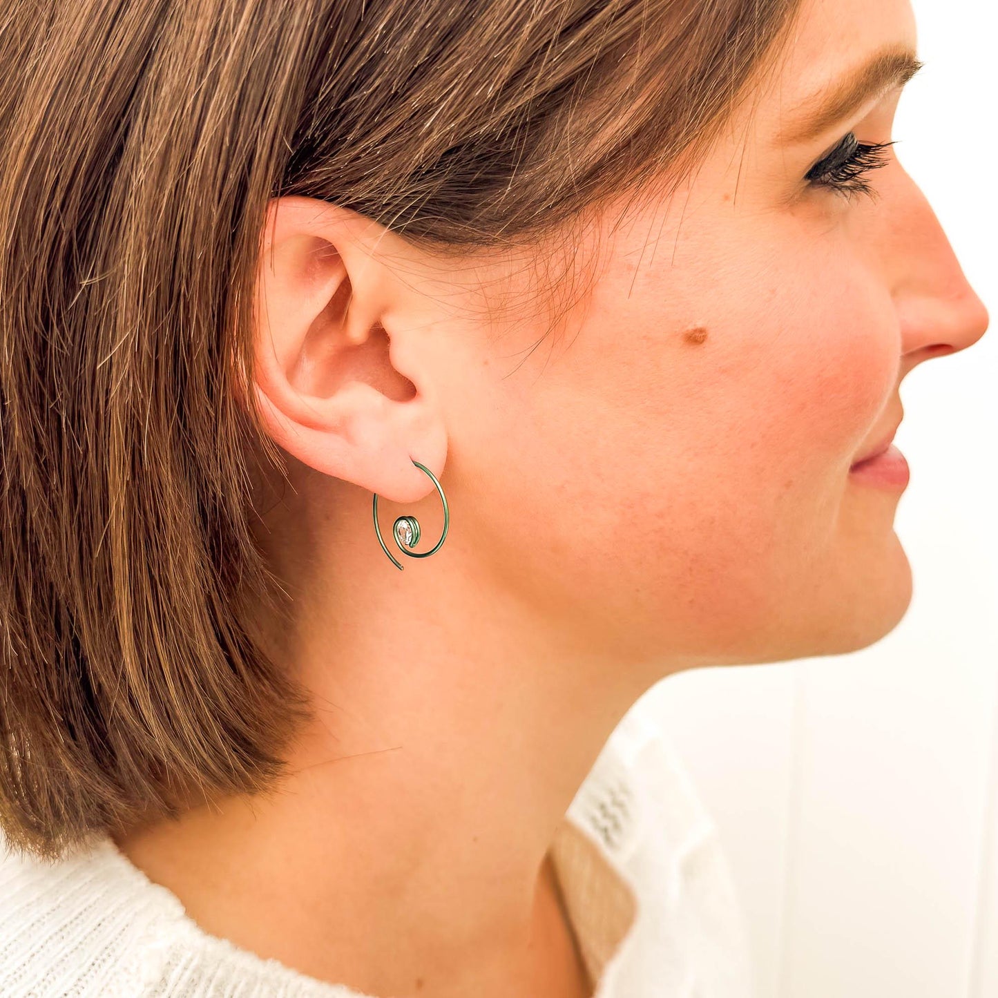 Green Threader CZ Spiral Hoop Earrings, Niobium