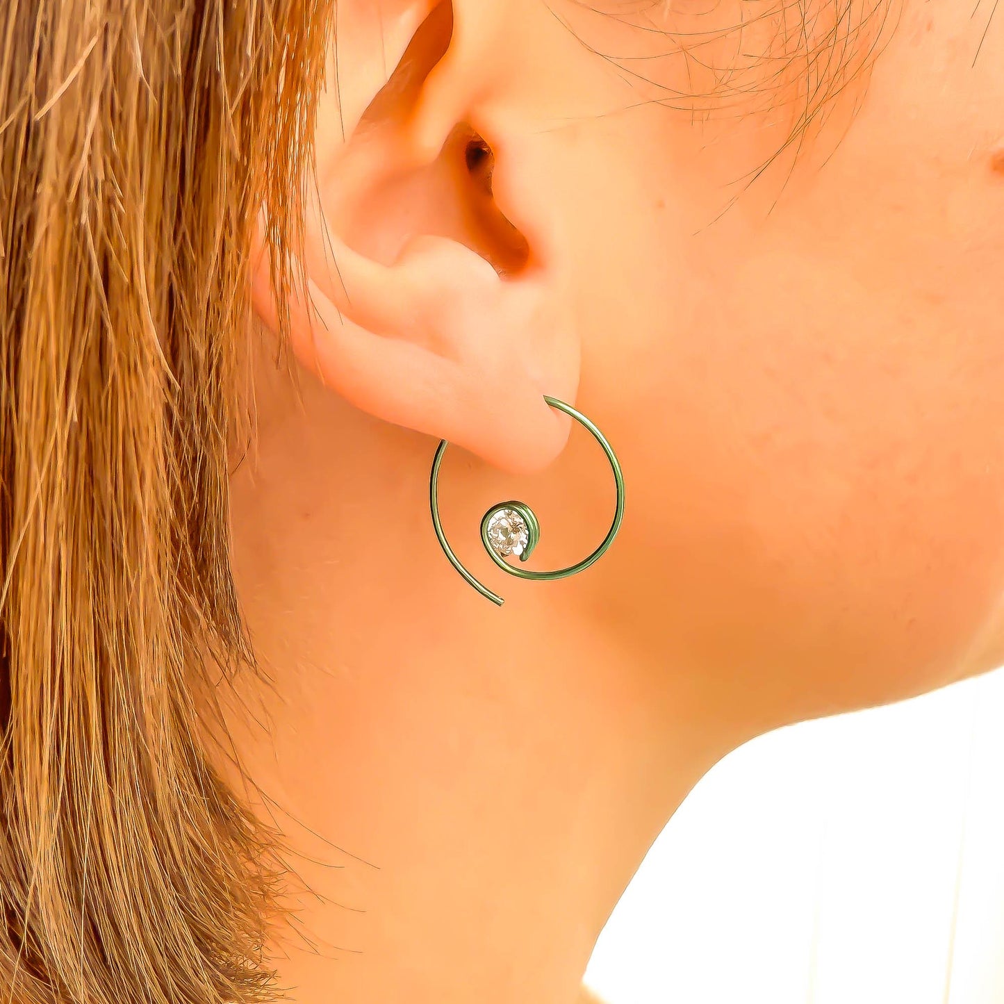 Green Threader CZ Spiral Hoop Earrings, Niobium