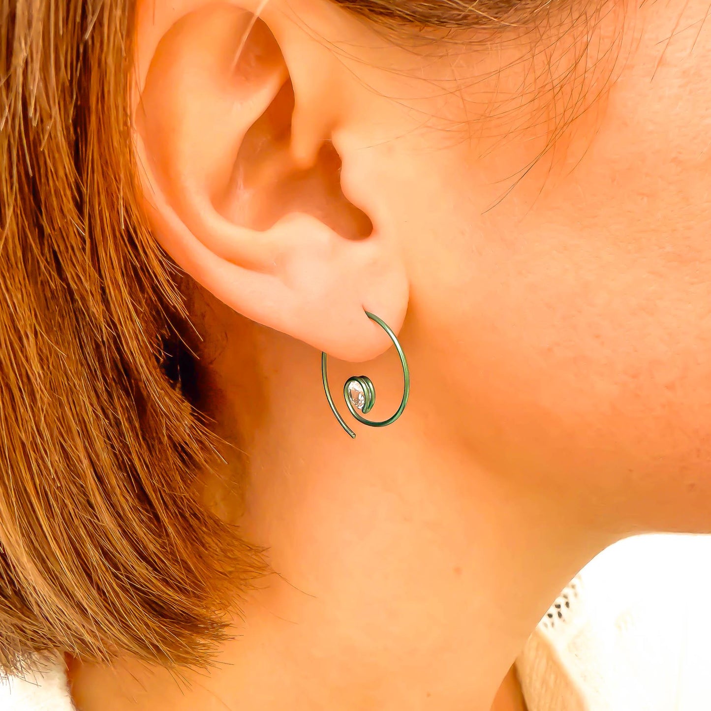 Green Threader CZ Spiral Hoop Earrings, Niobium