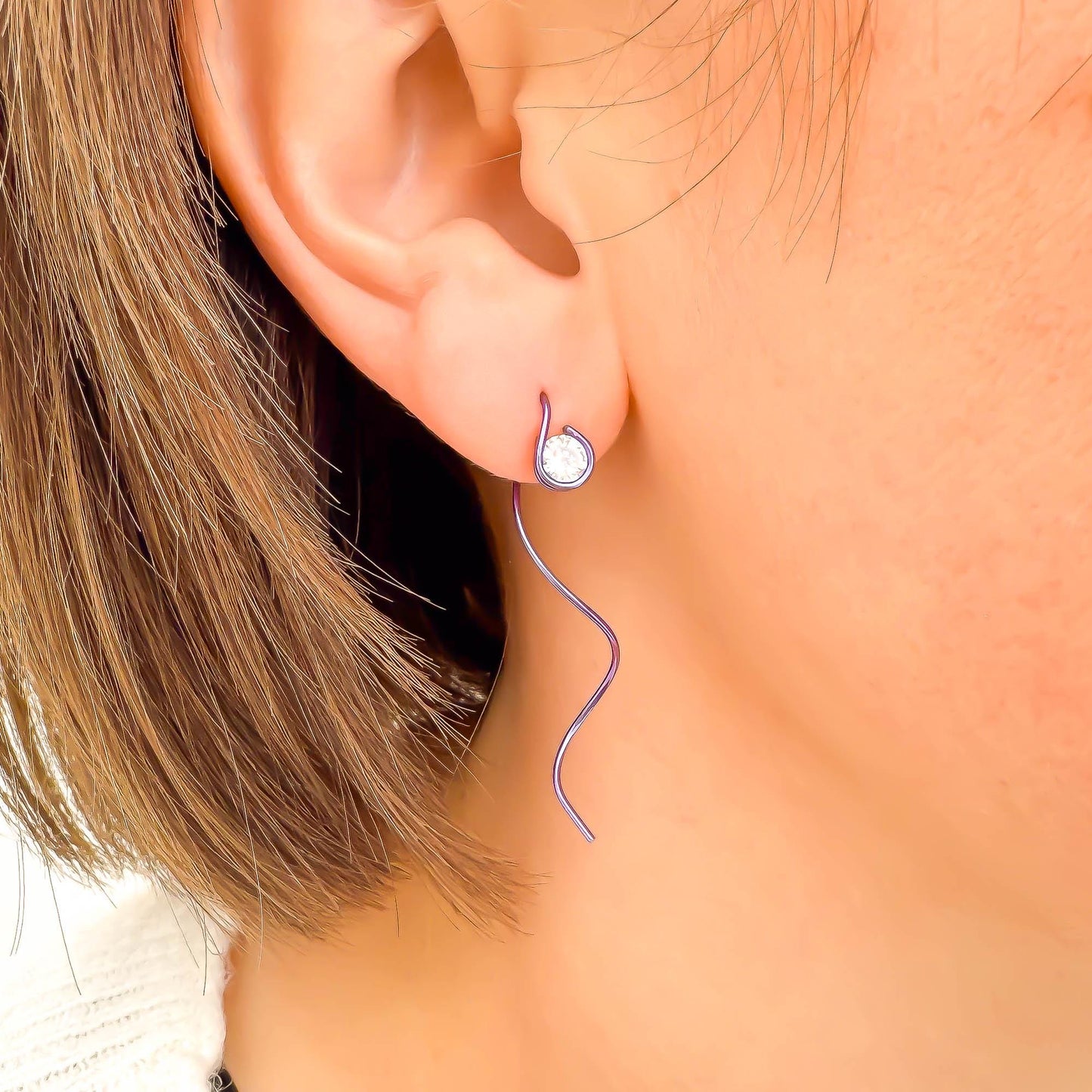 Purple Spiral CZ Threader Earrings, Niobium