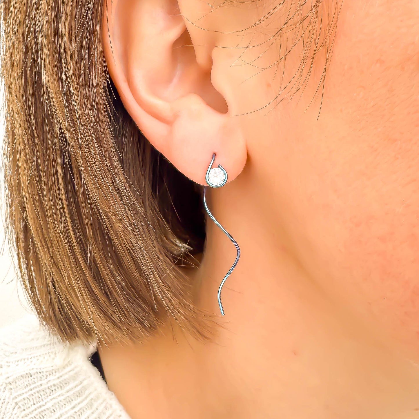 Teal Spiral CZ Threader Earrings, Niobium