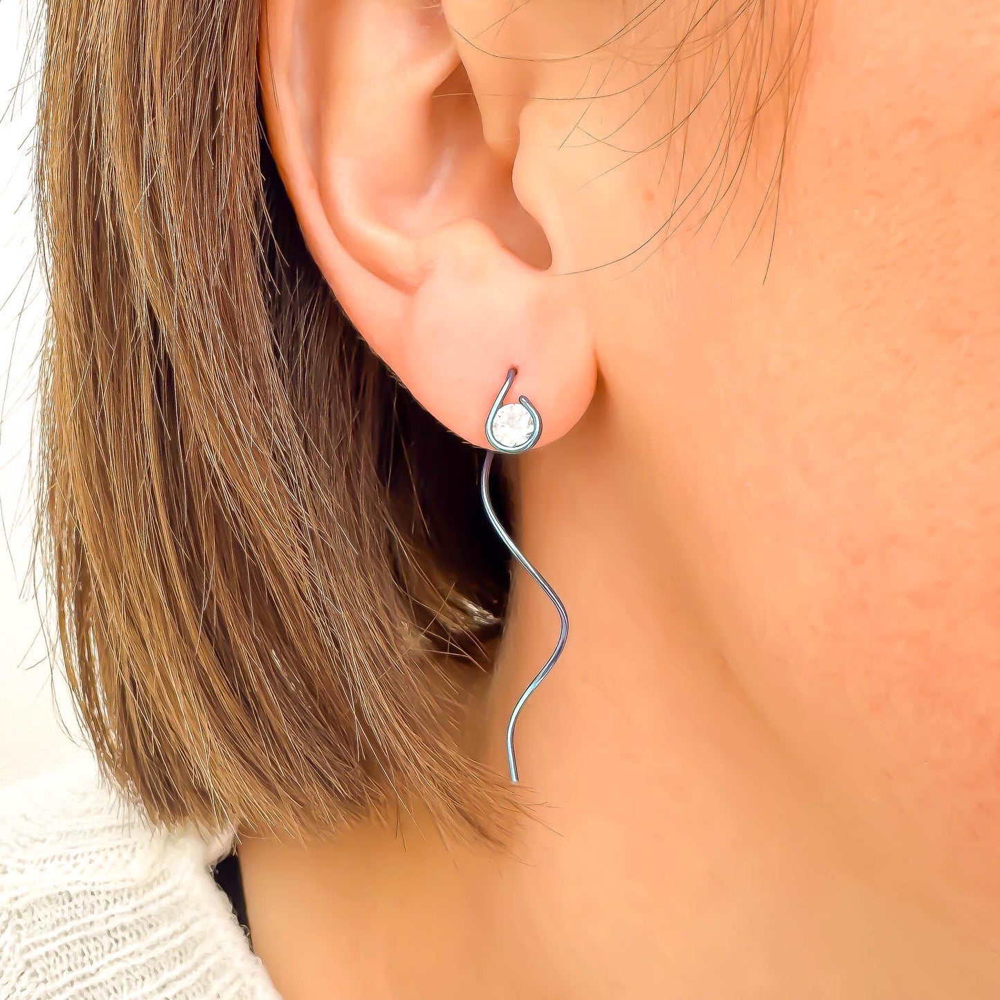 Teal Spiral CZ Threader Earrings, Niobium