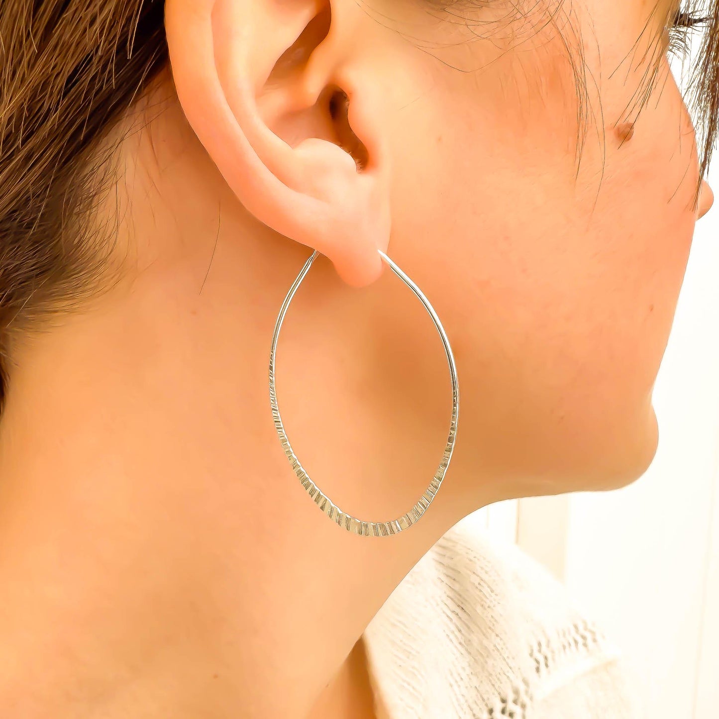 Hammered Teardrop Hoop Earrings, Sterling Silver