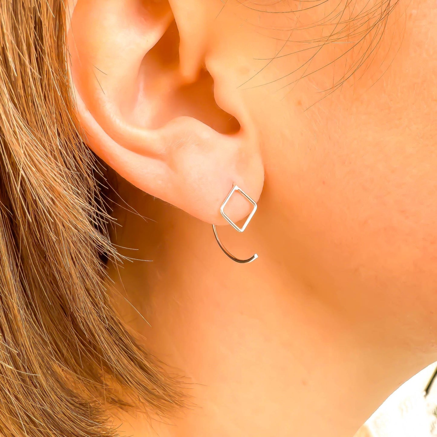 Square Drop Half Hoop Earrings, Sterling Silver