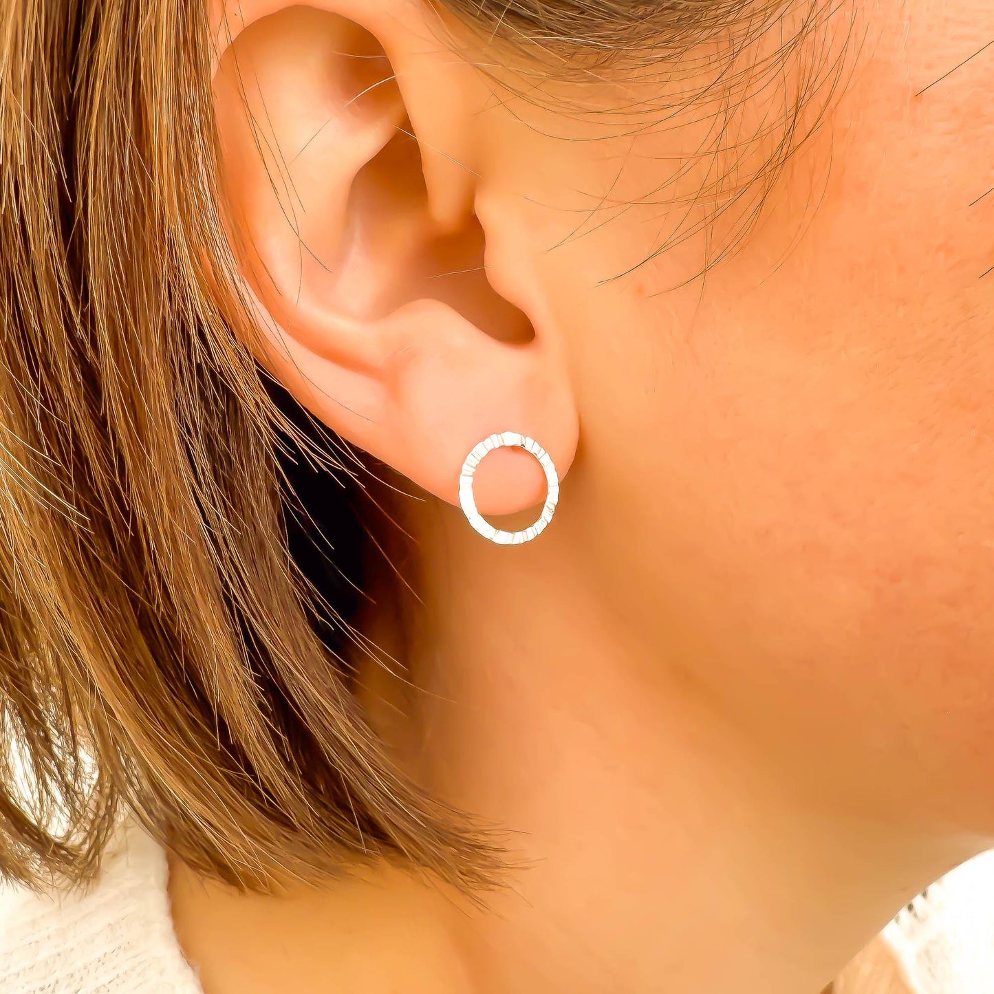 Circle Hammered Stud Earrings, Sterling Silver