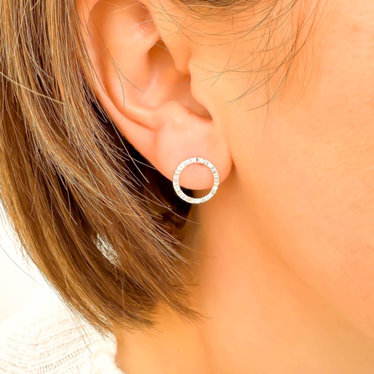 Circle Hammered Stud Earrings, Sterling Silver