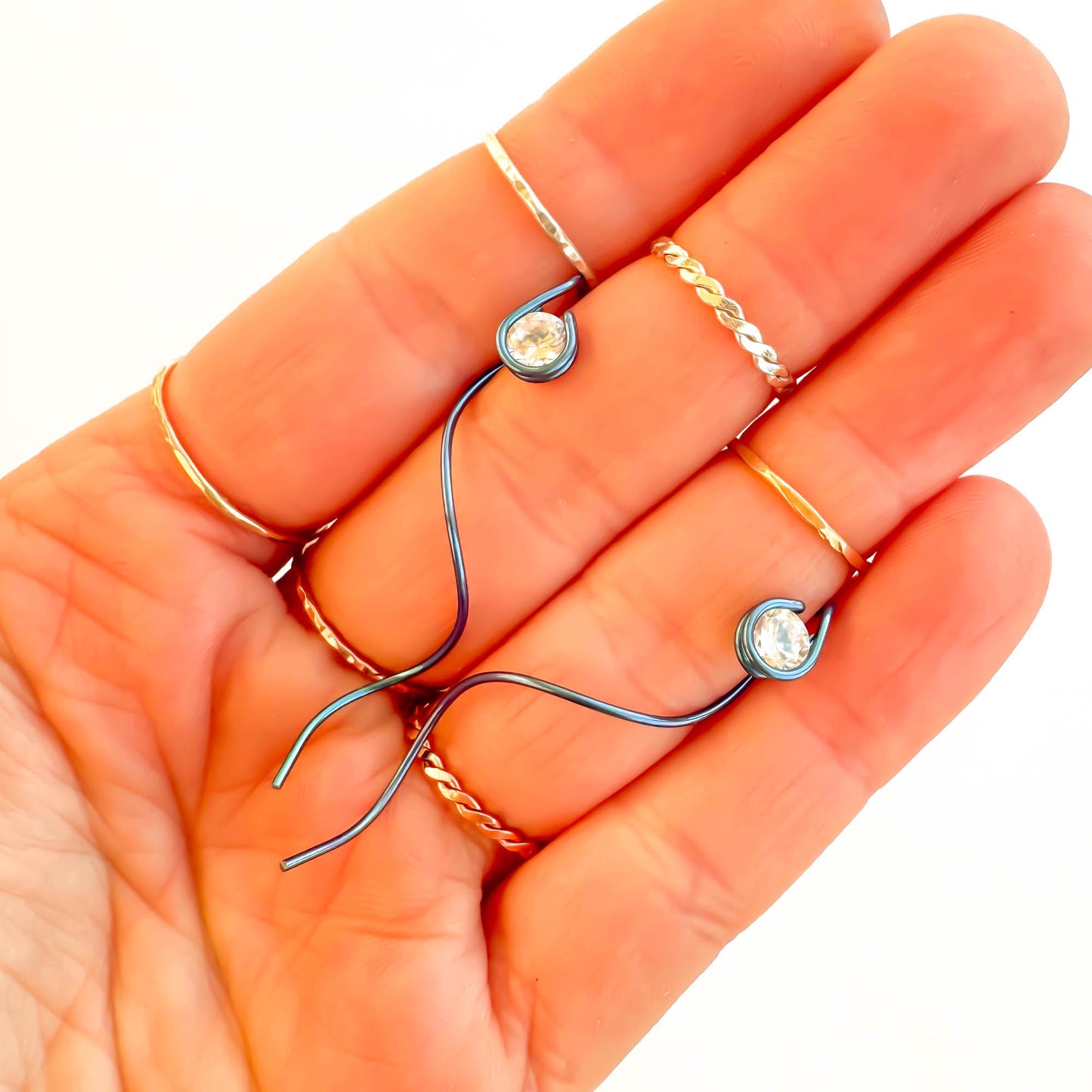 Teal Spiral CZ Threader Earrings, Niobium