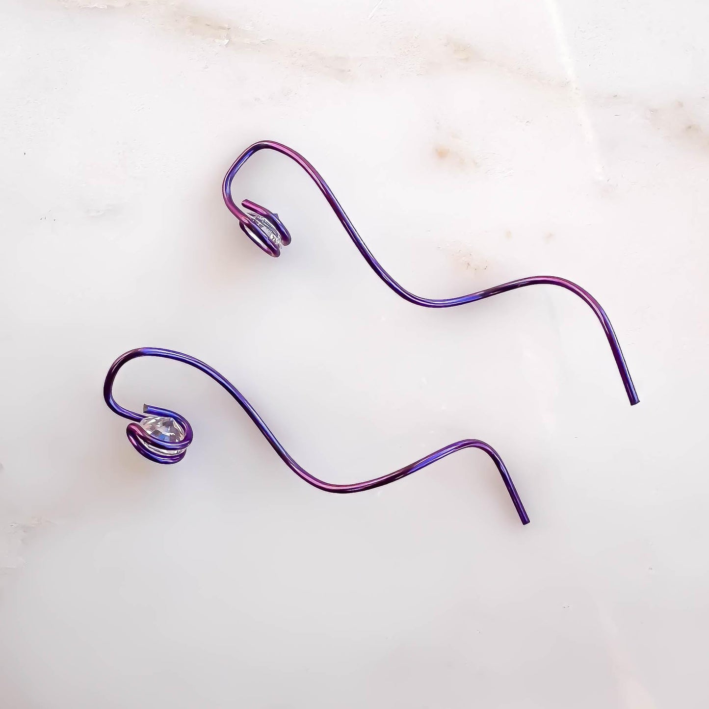 Purple Spiral CZ Threader Earrings, Niobium