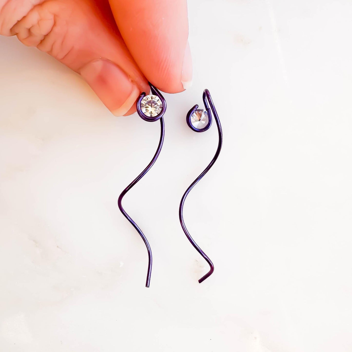 Purple Spiral CZ Threader Earrings, Niobium