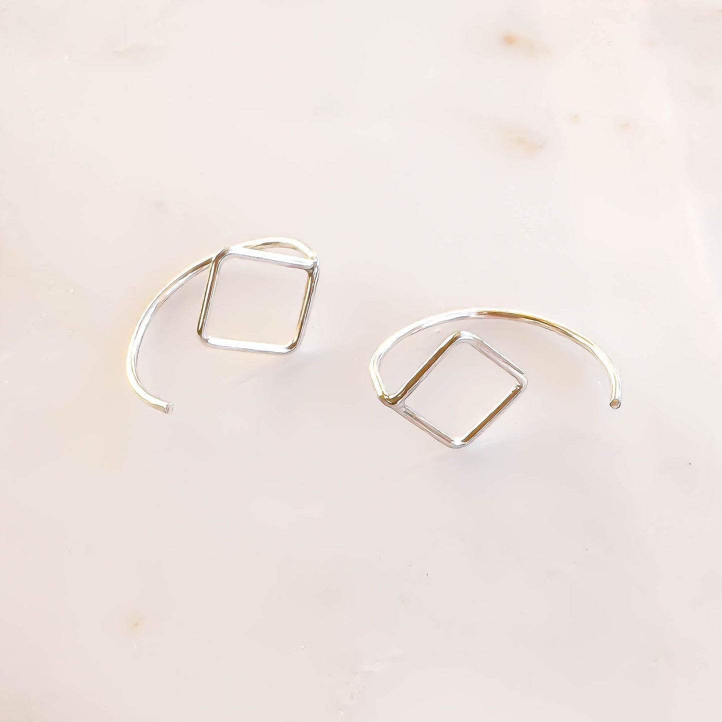 Square Drop Half Hoop Earrings, Sterling Silver