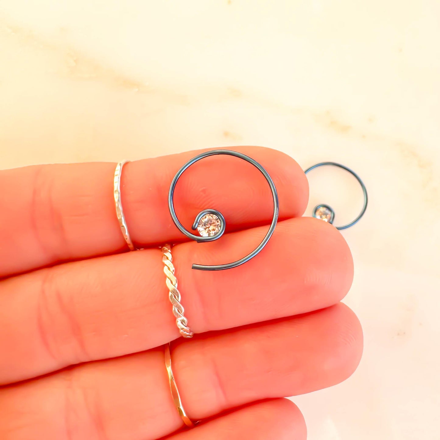 Teal Mini CZ Spiral Hoop Earrings, Niobium