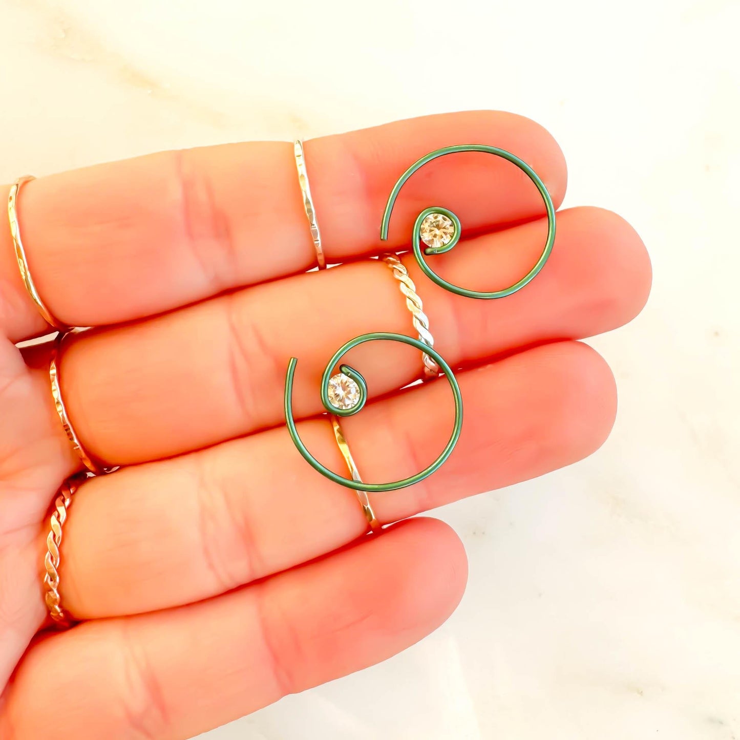 Green Mini CZ Spiral Hoop Earrings, Niobium